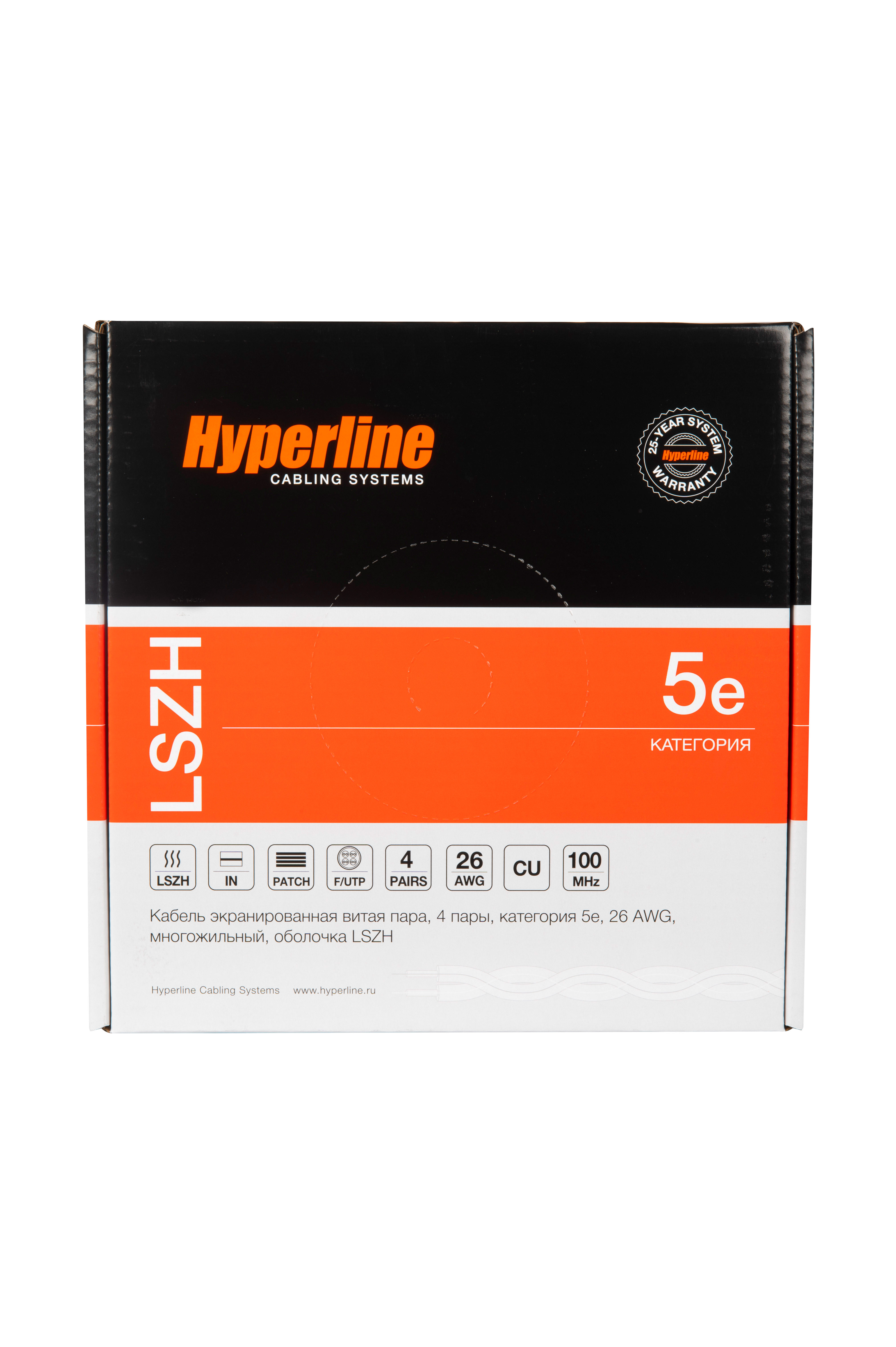 Hyperline FUTP4-C5E-P26-IN-LSZH-BK-100 (100 м) Кабель витая пара, экранированный F/UTP, общий экран фольга, категория 5e, 4 пары 26 AWG, 4х2х0,48 мм, многопроволочные жилы, LSZH, нг(А)-HF, внутренний -40°C – +75°C, черный — фото