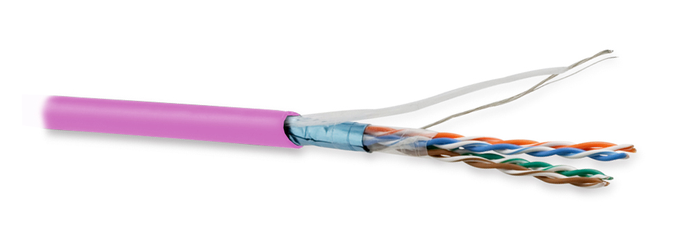 Hyperline FUTP4-C5E-P26-IN-LSZH-PK-305 (305 м) Кабель витая пара, экранированный F/UTP, общий экран фольга, категория 5e, 4 пары 26 AWG, 4х2х0,48 мм, многопроволочные жилы, LSZH, нг(А)-HF, внутренний -40°C – +75°C, розовый — фото
