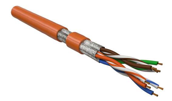 Hyperline UFTP4-C6-P26-IN-LSZH-OR-305 (305 м) Кабель витая пара, экранированный U/FTP, без общего экрана, каждая пара в фольге, категория 6, 4 пары 26 AWG, 4х2х0,48 мм, многопроволочные жилы, LSZH, нг(А)-HF, внутренний -40°C – +75°C, оранжевый