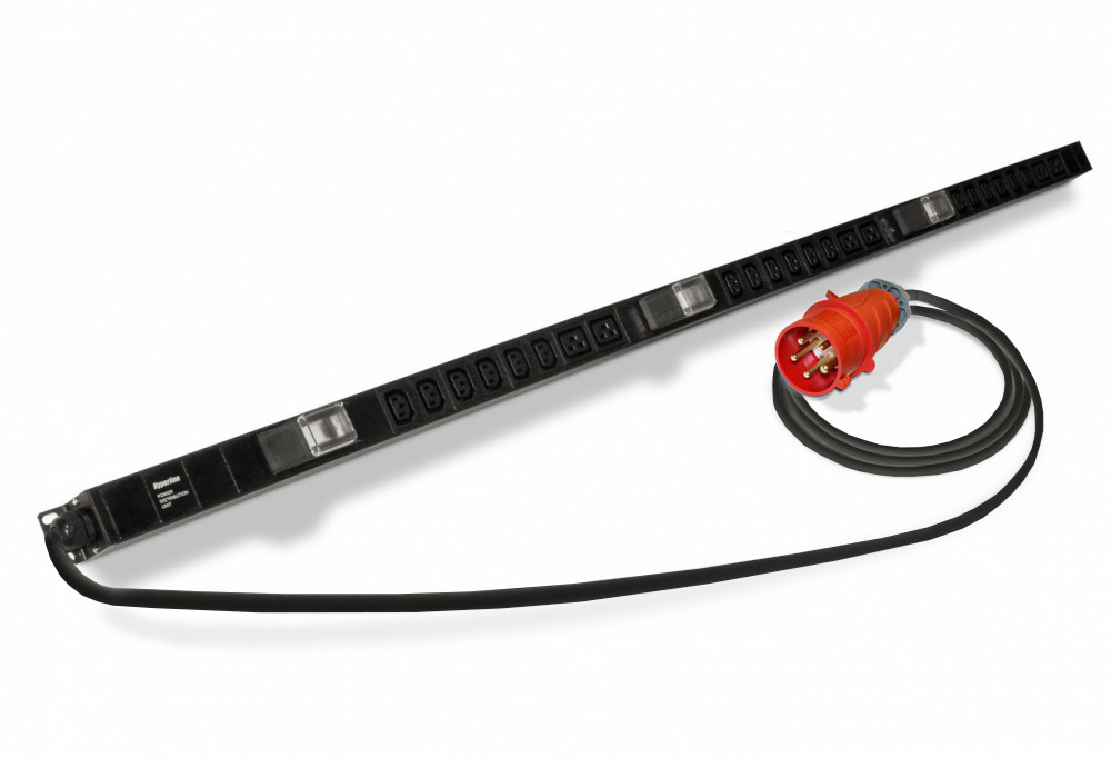 Hyperline SHE-18IEC-6BIEC-3V-3PVR Блок розеток, вертикальный, 3 блока по 6 розеток IEC320 С13 + 2 розетки IEC320 С19 + авт. выключатель, кабель питания 3м (5х6.0мм2) с вилкой IEC 60309 32A (3P+N+E), 380В, 1556х44.4х44.4мм (ДхШхВ), корпус алюминий, черный — фото