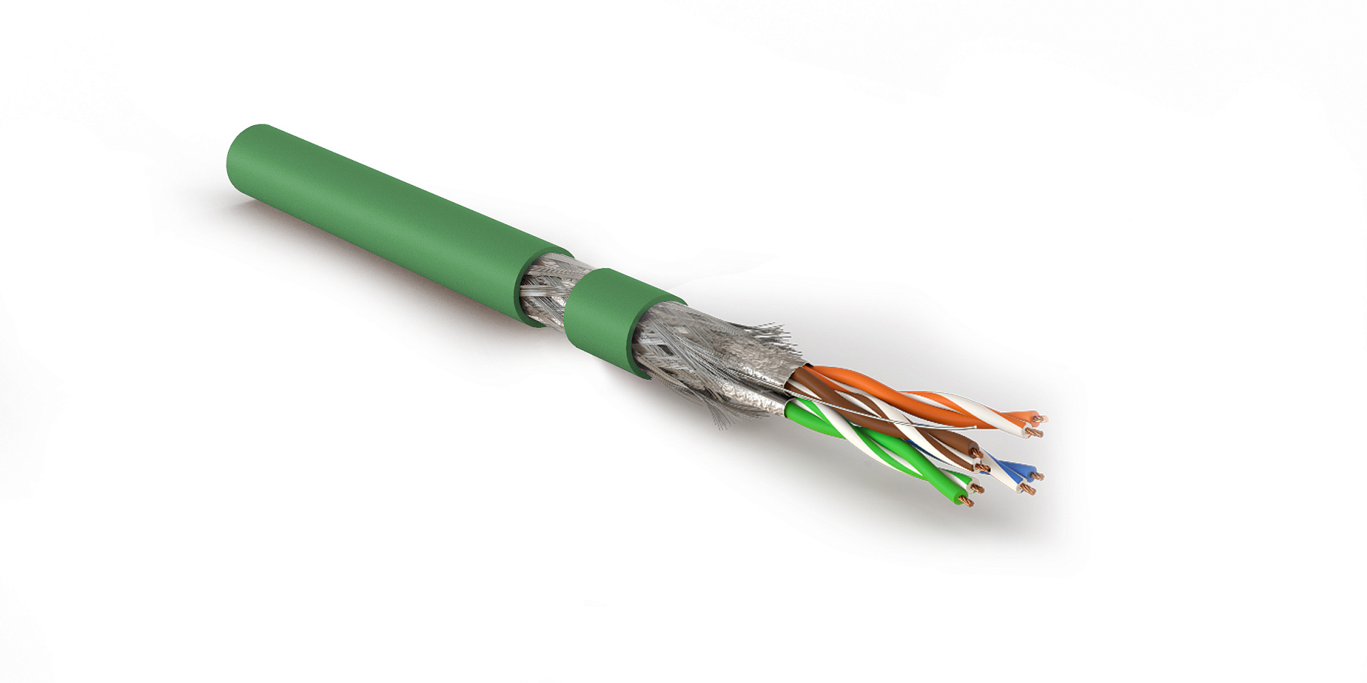 Hyperline SFTP4-C7-P26-IN-LSZH-GN-305 (305 м) Кабель витая пара, экранированный S/FTP, общий экран оплетка, каждая пара в фольге, категория 7, 4 пары 26 AWG, 4х2х0,48 мм, многопроволочные жилы, LSZH, нг(А)-HF, внутренний -40°C – +75°C, зеленый
