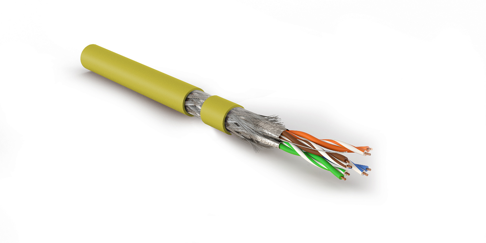 Hyperline SFTP4-C7-P26-IN-LSZH-YL-305 (305 м) Кабель витая пара, экранированный S/FTP, общий экран оплетка, каждая пара в фольге, категория 7, 4 пары 26 AWG, 4х2х0,48 мм, многопроволочные жилы, LSZH, нг(А)-HF, внутренний -40°C – +75°C, желтый
