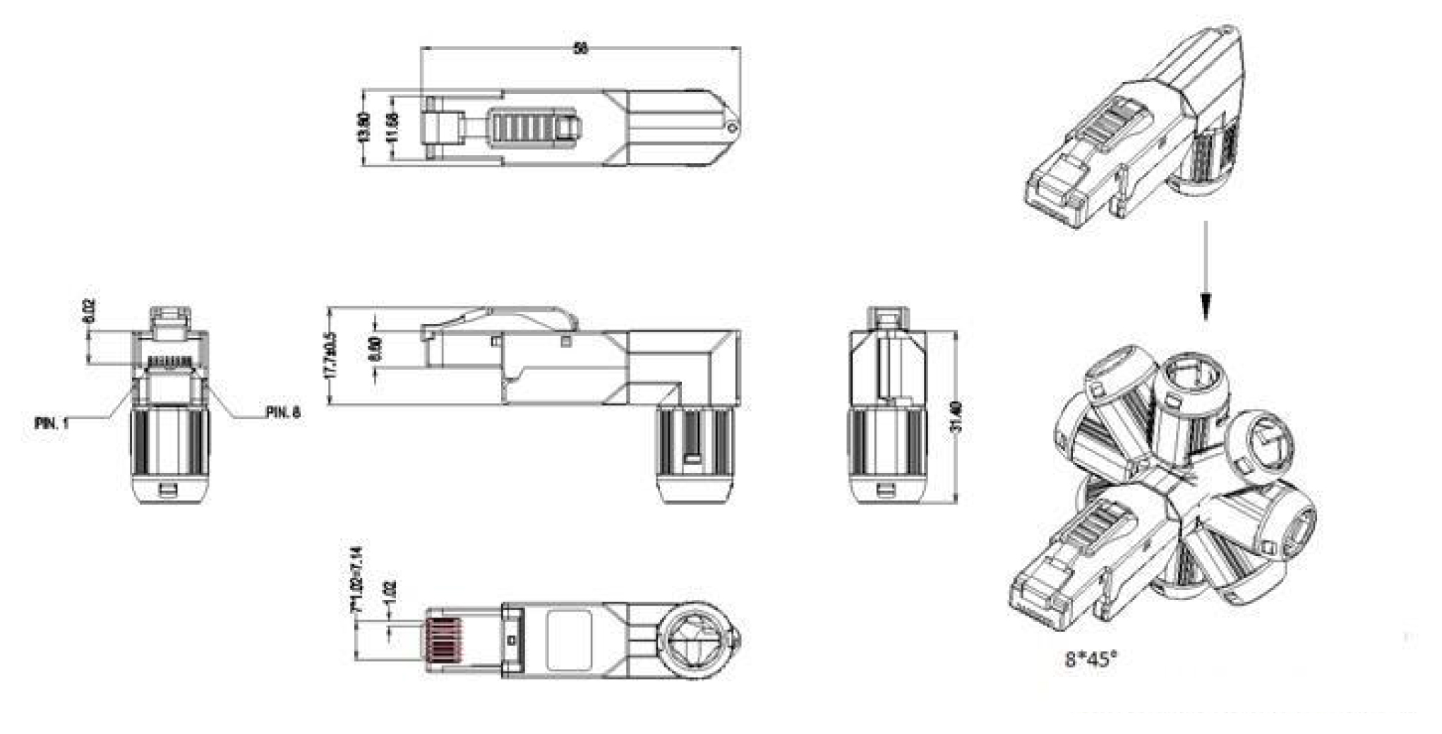 Hyperline PLUD-A-8P8C-S-C6A-SH Разъем полевой оконцовки RJ-45 (8P8C) под витую пару, угловой, для одножильного кабеля, toolless, категория 6A, экранированный, накручивающийся хвостовик, IDC — фото