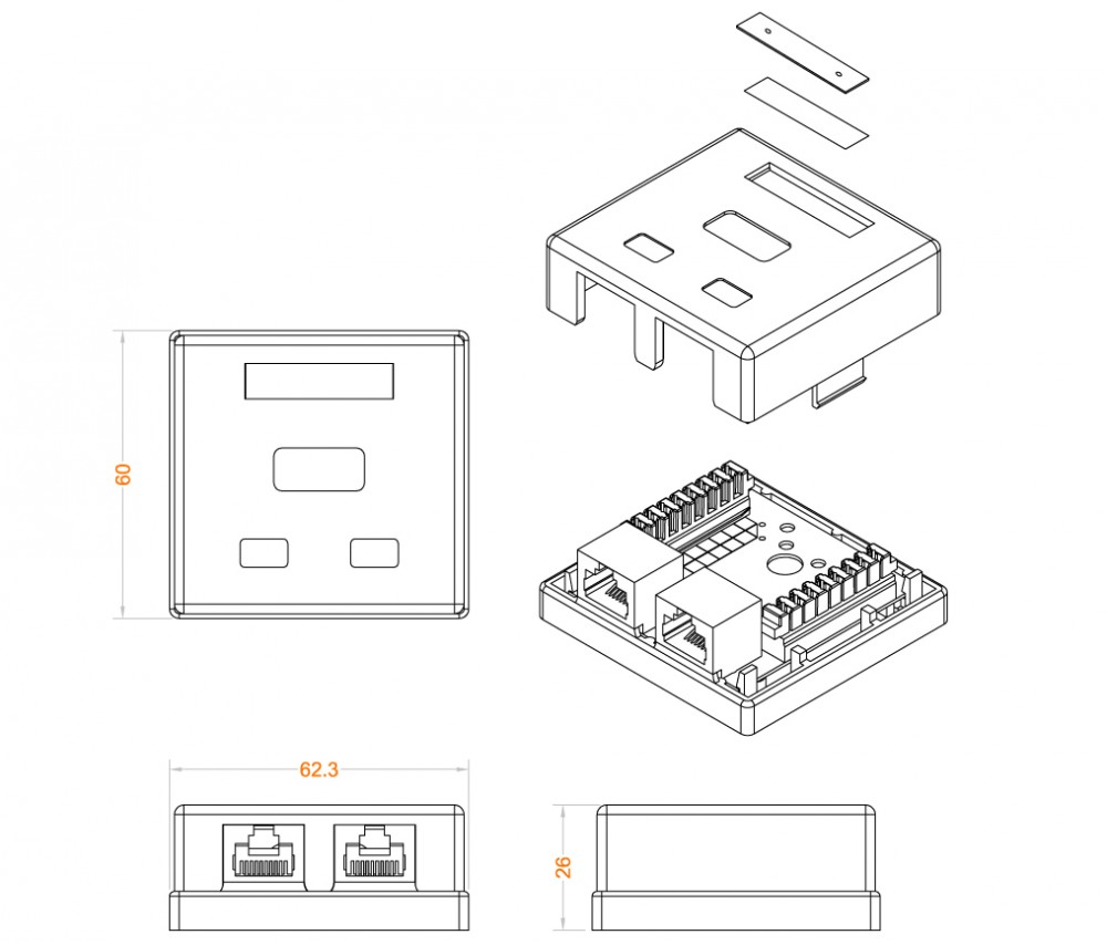 Hyperline SB1-2-8P8C-C6-WH Розетка компьютерная RJ-45(8P8C), категория 6, двойная, внешняя, Dual IDC — фото