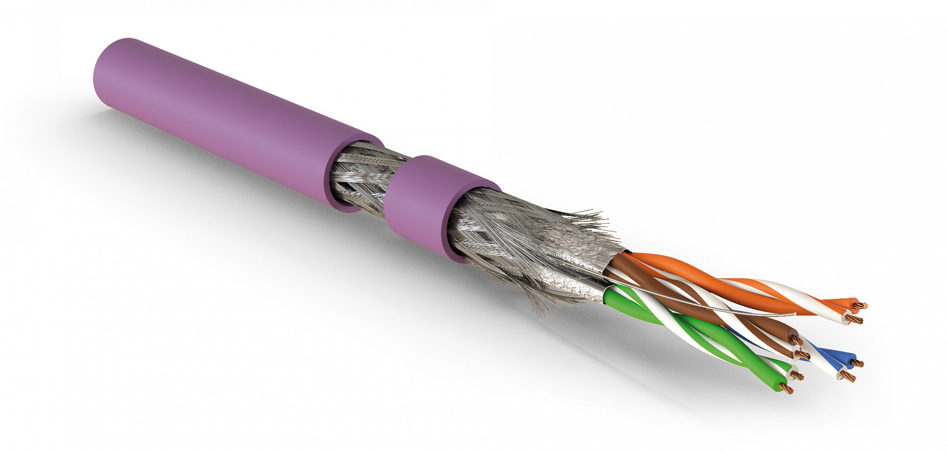 Hyperline SFTP4-C7-P26-IN-LSZH-VL-305 (305 м) Кабель витая пара, экранированный S/FTP, общий экран оплетка, каждая пара в фольге, категория 7, 4 пары 26 AWG, 4х2х0,48 мм, многопроволочные жилы, LSZH, нг(А)-HF, внутренний -40°C – +75°C, фиолетовый — фото