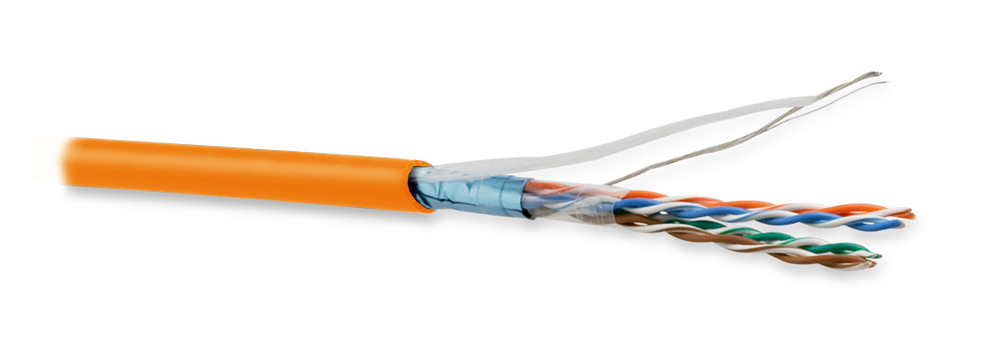 Hyperline FUTP4-C5E-P26-IN-LSZH-OR-305 (305 м) Кабель витая пара, экранированный F/UTP, общий экран фольга, категория 5e, 4 пары 26 AWG, 4х2х0,48 мм, многопроволочные жилы, LSZH, нг(А)-HF, внутренний -40°C – +75°C, оранжевый — фото