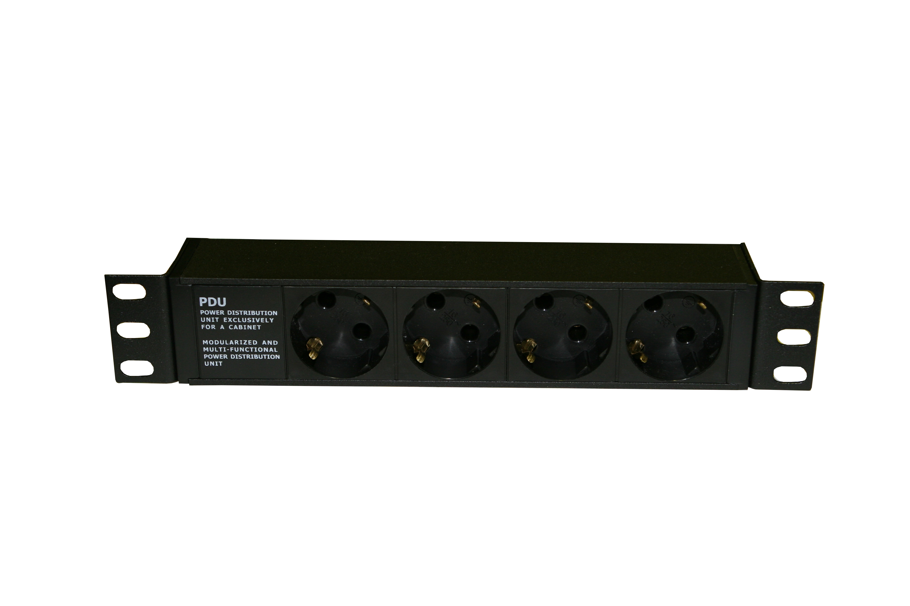 Hyperline SHE10-4SH-IEC Блок розеток/PDU 10", 4 розетки Schuko, входной разъем IEC 60320 C14, без кабеля питания, 10А, 230В, чёрный, 270х44.4х44.4мм