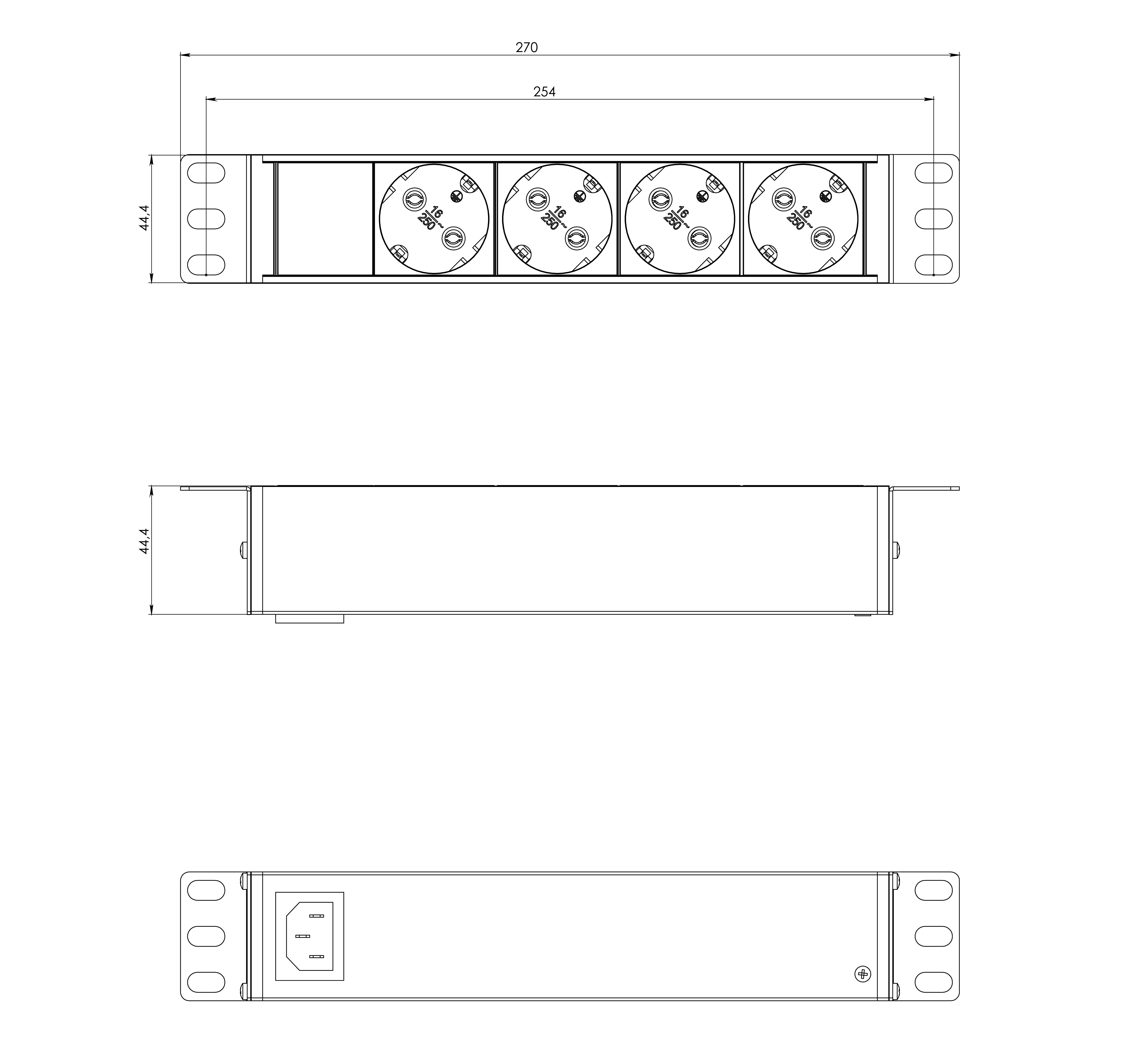 Hyperline SHE10-4SH-IEC Блок розеток/PDU 10", 4 розетки Schuko, входной разъем IEC 60320 C14, без кабеля питания, 10А, 230В, чёрный, 270х44.4х44.4мм — фото