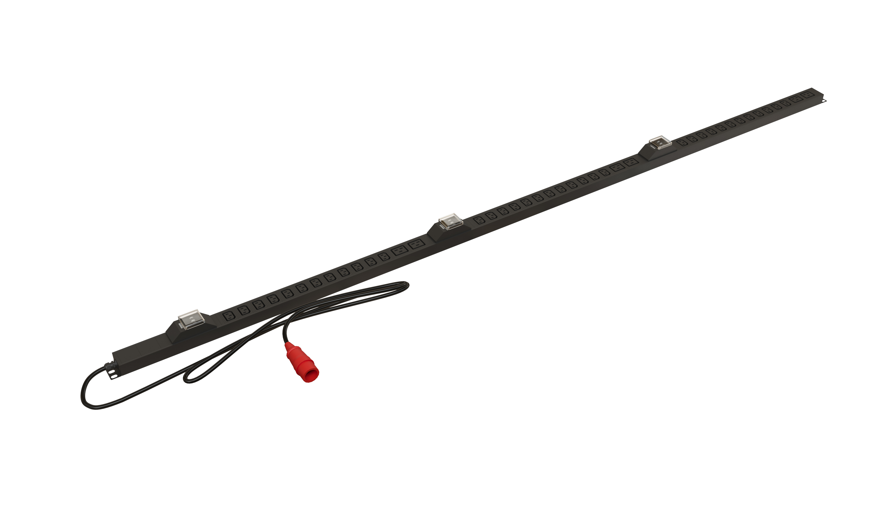 Hyperline SHE-36IEC-6BIEC-3B-3PVR Блок розеток, вертикальный, 36 розеток IEC320 C13, 6 розеток IEC320 C19, 3 автоматических выключателя, кабель питания 3м (5х4.0мм2) с вилкой IEC 60309 32А (3P+N+E), 380В, корпус алюминий, черный