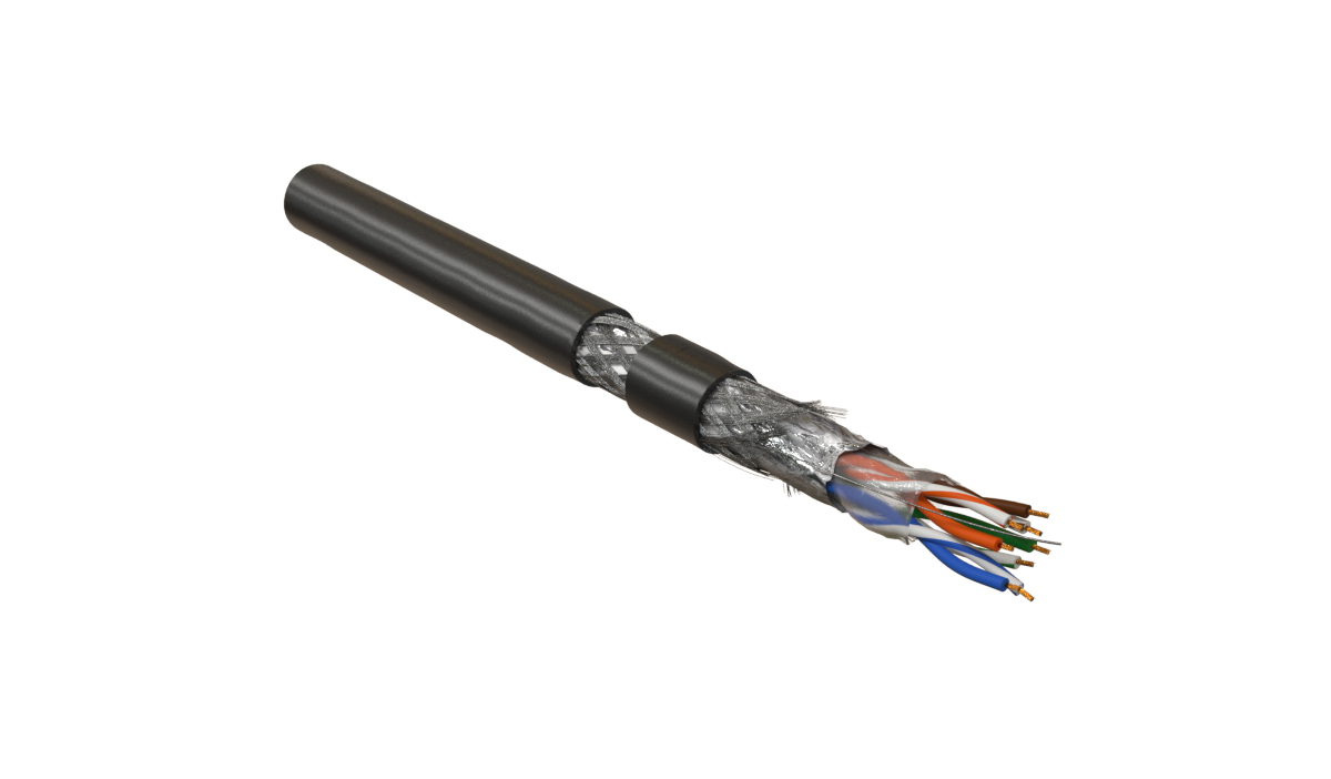 Hyperline SFUTP4-C5E-P26-IN-LSZH-BK-305 (305 м) Кабель витая пара, экранированный SF/UTP, общий экран оплетка и фольга, категория 5e, 4 пары 26 AWG, 4х2х0,48 мм, многопроволочные жилы, LSZH, нг(А)-HF, внутренний -40°C – +75°C, черный