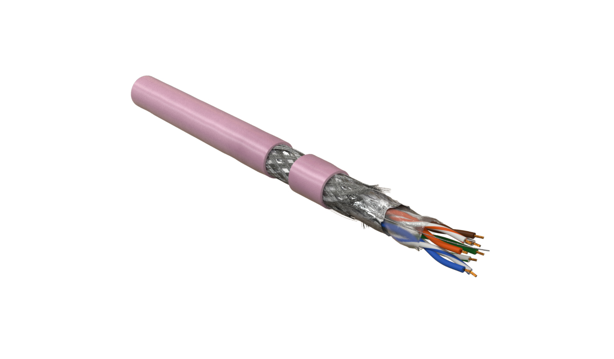 Hyperline SFUTP4-C5E-P26-IN-LSZH-PK-305 (305 м) Кабель витая пара, экранированный SF/UTP, общий экран оплетка и фольга, категория 5e, 4 пары 26 AWG, 4х2х0,48 мм, многопроволочные жилы, LSZH, нг(А)-HF, внутренний -40°C – +75°C, розовый