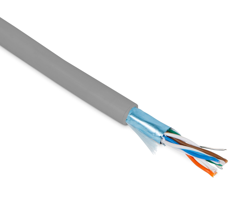Hyperline FUTP4-C5E-P26-IN-PVC-GY-305 (305 м) Кабель витая пара, экранированный F/UTP, общий экран фольга, категория 5e, 4 пары 26 AWG, 4х2х0,48 мм, многопроволочные жилы, PVC, нг(А)-LS, внутренний -20°C – +75°C, серый — фото
