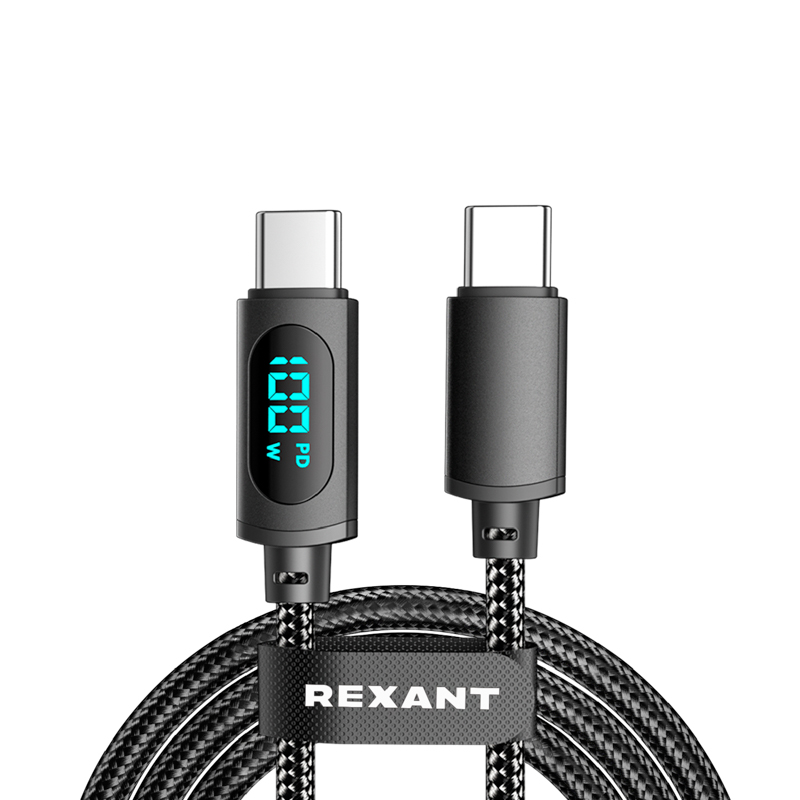 Кабель Type-C – Type-С, 5A, 100Вт, 1м, в черной нейлоновой оплетке, с LED дисплеем REXANT — фото