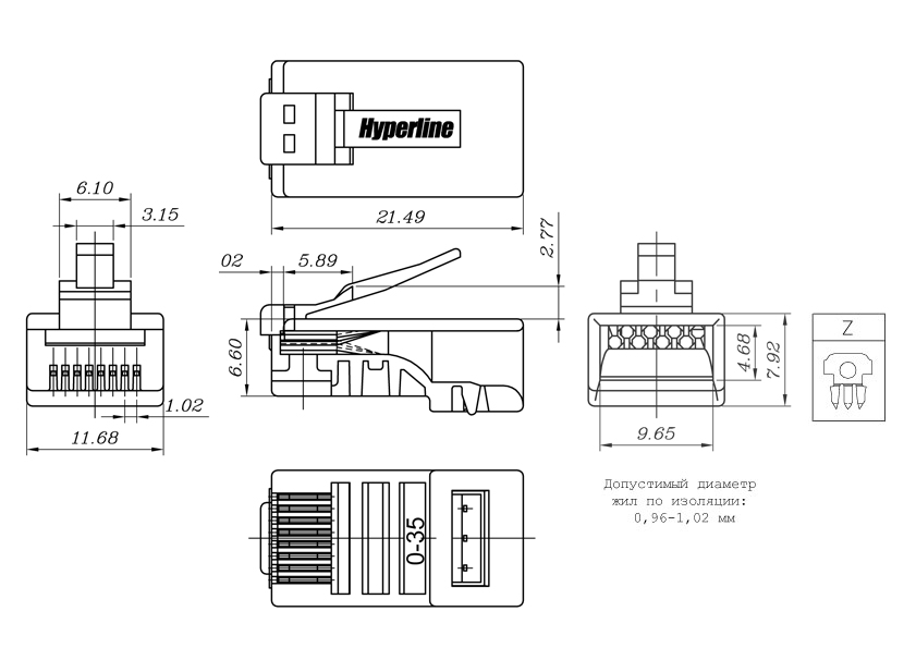 Hyperline PLUG-8P8C-U-C6-100 Разъем RJ-45(8P8C) под витую пару, категория 6 (50 µ"/ 50 микродюймов), универсальный (для одножильного и многожильного кабеля) (100 шт) — фото
