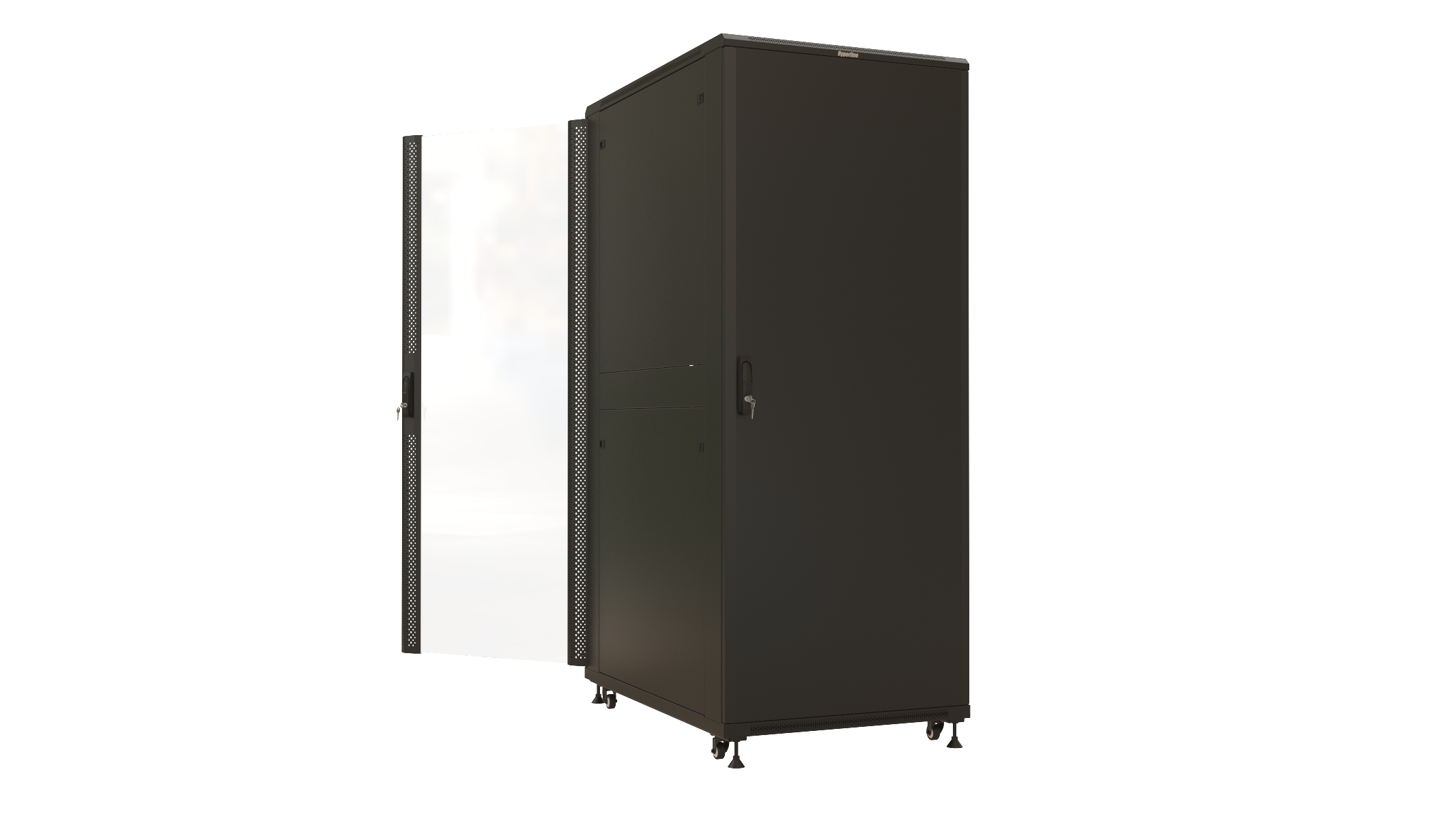 Hyperline TTBR-4288-AS-RAL9004 Шкаф напольный 19-дюймовый, 42U, 2055x800х800 мм (ВхШхГ), передняя дверь стеклянная, задняя дверь сплошная, ручка с замком, 2 вертикальных кабельных организатора, цвет черный (RAL 9004) (разобранный) — фото