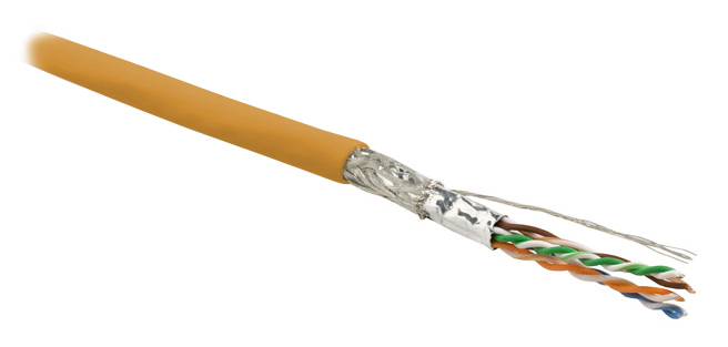 Hyperline SFUTP4-C6-P26-IN-LSZH-OR-305 (305 м) Кабель витая пара, экранированный SF/UTP, общий экран оплетка и фольга, категория 6, 4 пары 26 AWG, 4х2х0,48 мм, многопроволочные жилы, LSZH, нг(А)-HF, внутренний -40°C – +75°C, оранжевый