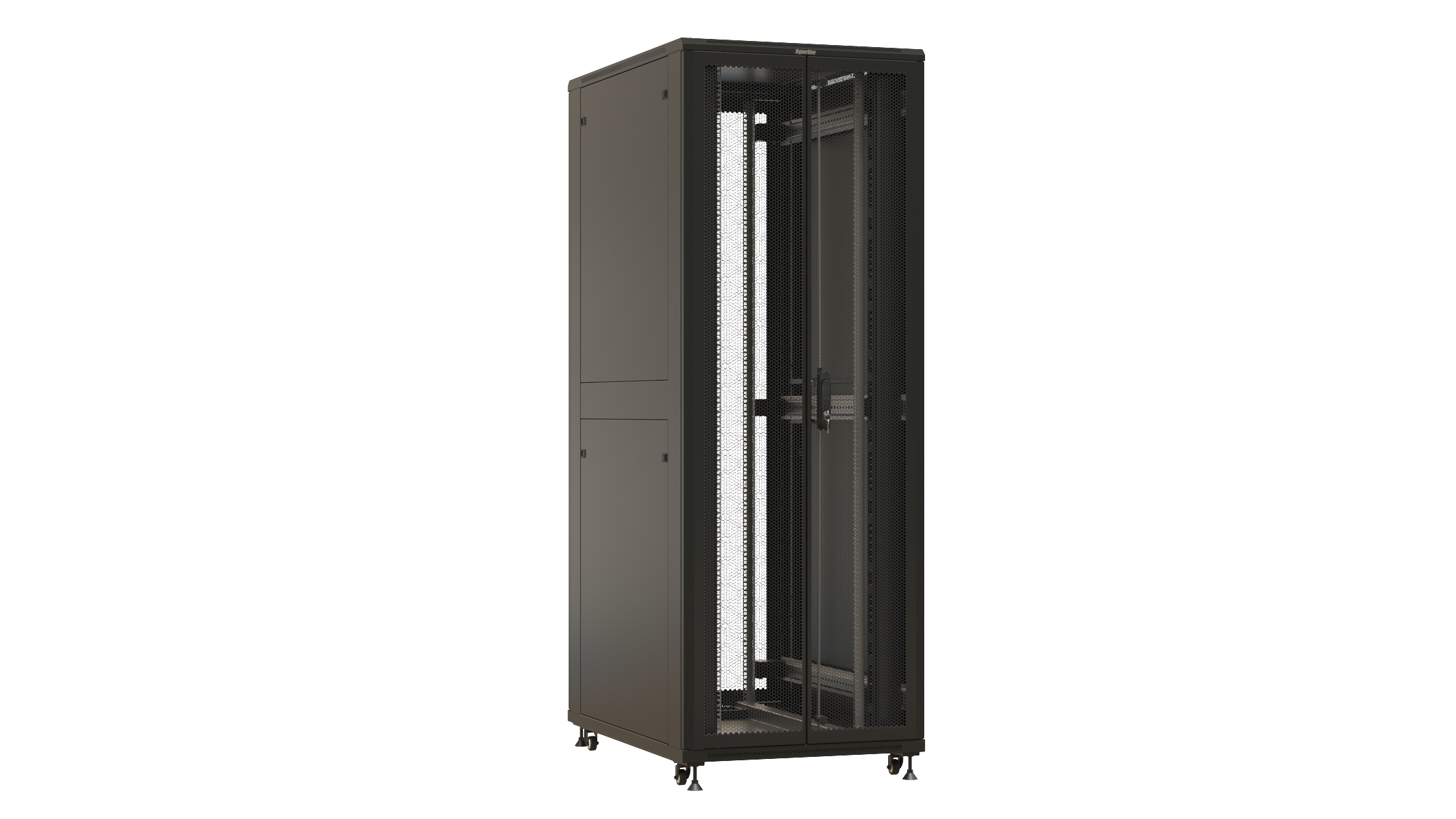 Hyperline TTBR-4782-DD-RAL9004 Шкаф напольный 19-дюймовый, 47U, 2277x800х1200 мм (ВхШхГ), передняя и задняя распашные перфорированные двери (75%), ручка с замком, 2 вертикальных кабельных организатора, цвет черный (RAL 9004)(разобранный) — фото