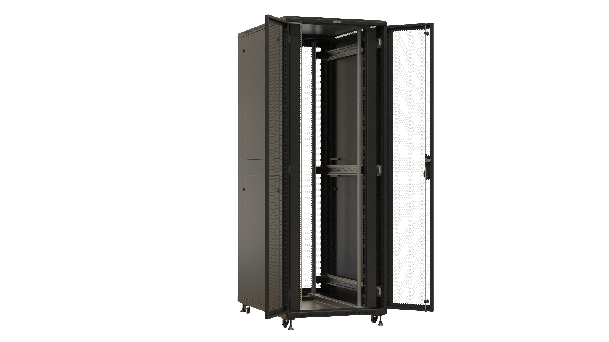 Hyperline TTBR-4782-DD-RAL9004 Шкаф напольный 19-дюймовый, 47U, 2277x800х1200 мм (ВхШхГ), передняя и задняя распашные перфорированные двери (75%), ручка с замком, 2 вертикальных кабельных организатора, цвет черный (RAL 9004)(разобранный) — фото