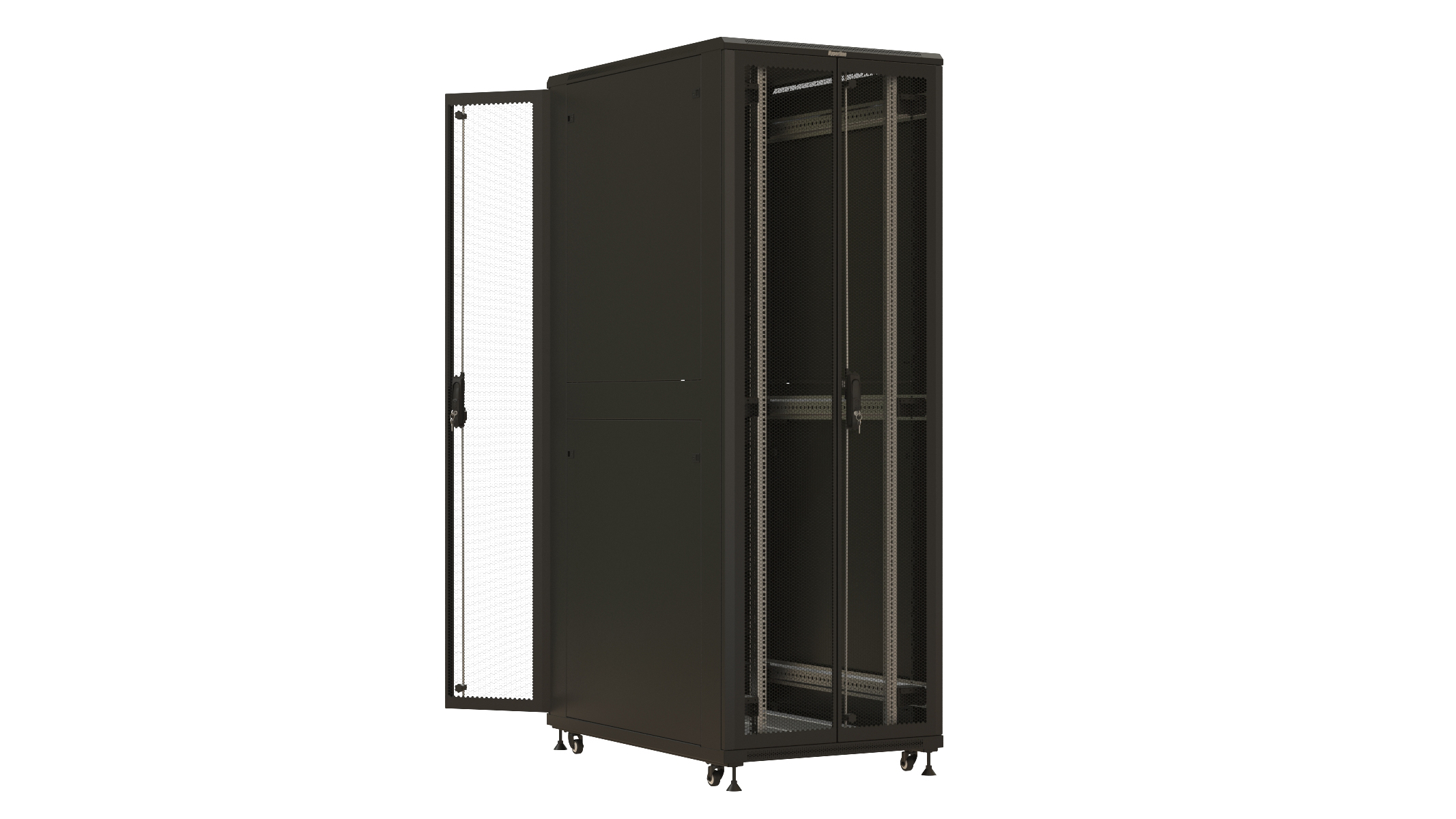 Hyperline TTBR-4782-DD-RAL9004 Шкаф напольный 19-дюймовый, 47U, 2277x800х1200 мм (ВхШхГ), передняя и задняя распашные перфорированные двери (75%), ручка с замком, 2 вертикальных кабельных организатора, цвет черный (RAL 9004)(разобранный) — фото