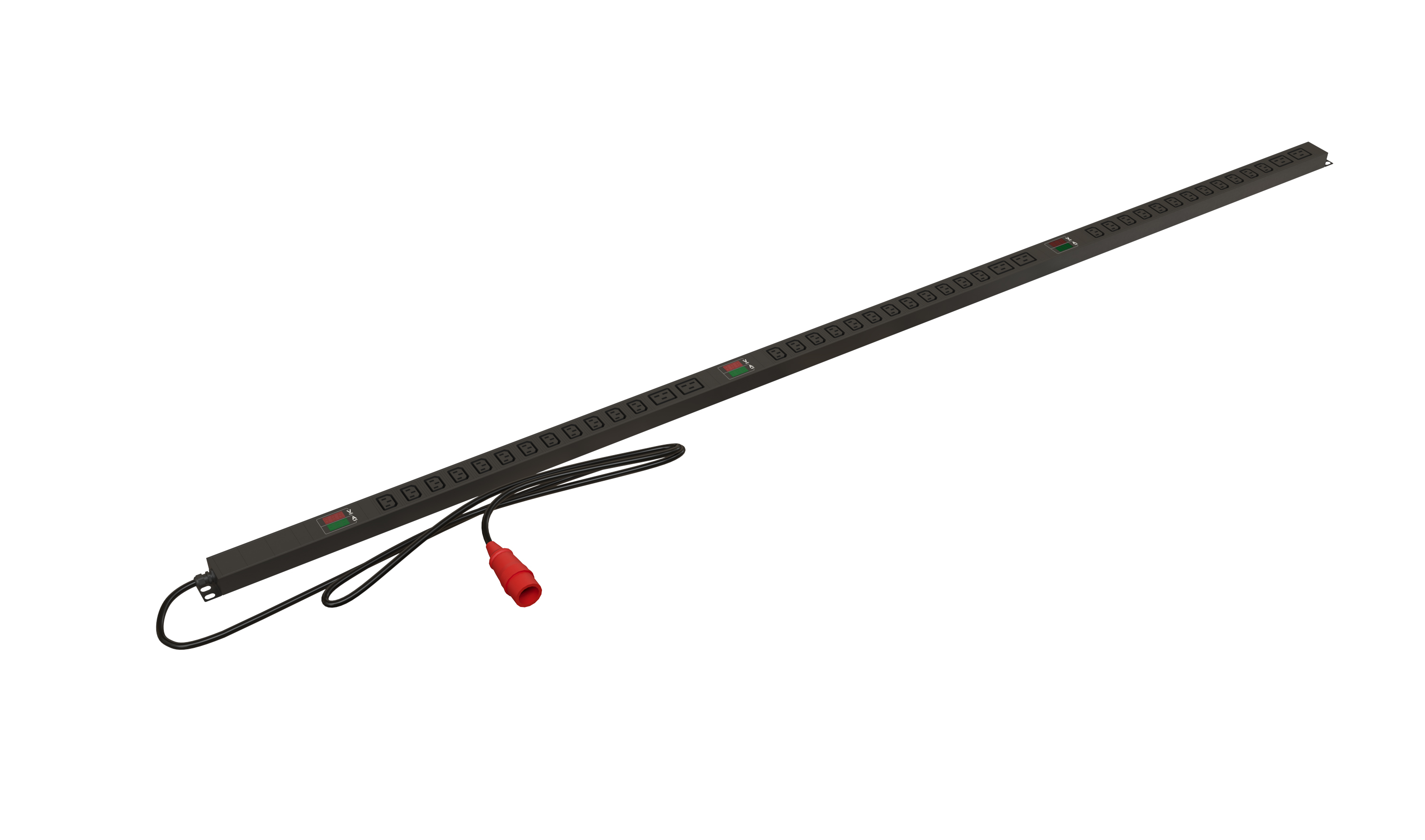 Hyperline SHE-36IEC-6BIEC-AV-3PVR Блок розеток вертикальный, 36 розеток IEC320 C13, 6 розеток IEC320 C19, амперметр/вольтметр, кабель питания 3м (5х4.0мм2) с вилкой IEC 60309 16А (3P+N+E), 380В, 1915x44.5x44.5 мм (ДхШхВ), корпус алюминий, черный