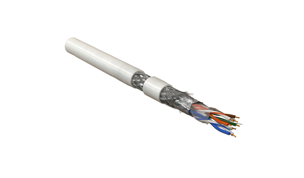 Hyperline SFUTP4-C5E-P26-IN-LSZH-WH-305 (305 м) Кабель витая пара, экранированный SF/UTP, общий экран оплетка и фольга, категория 5e, 4 пары 26 AWG, 4х2х0,48 мм, многопроволочные жилы, LSZH, нг(А)-HF, внутренний -40°C – +75°C, белый