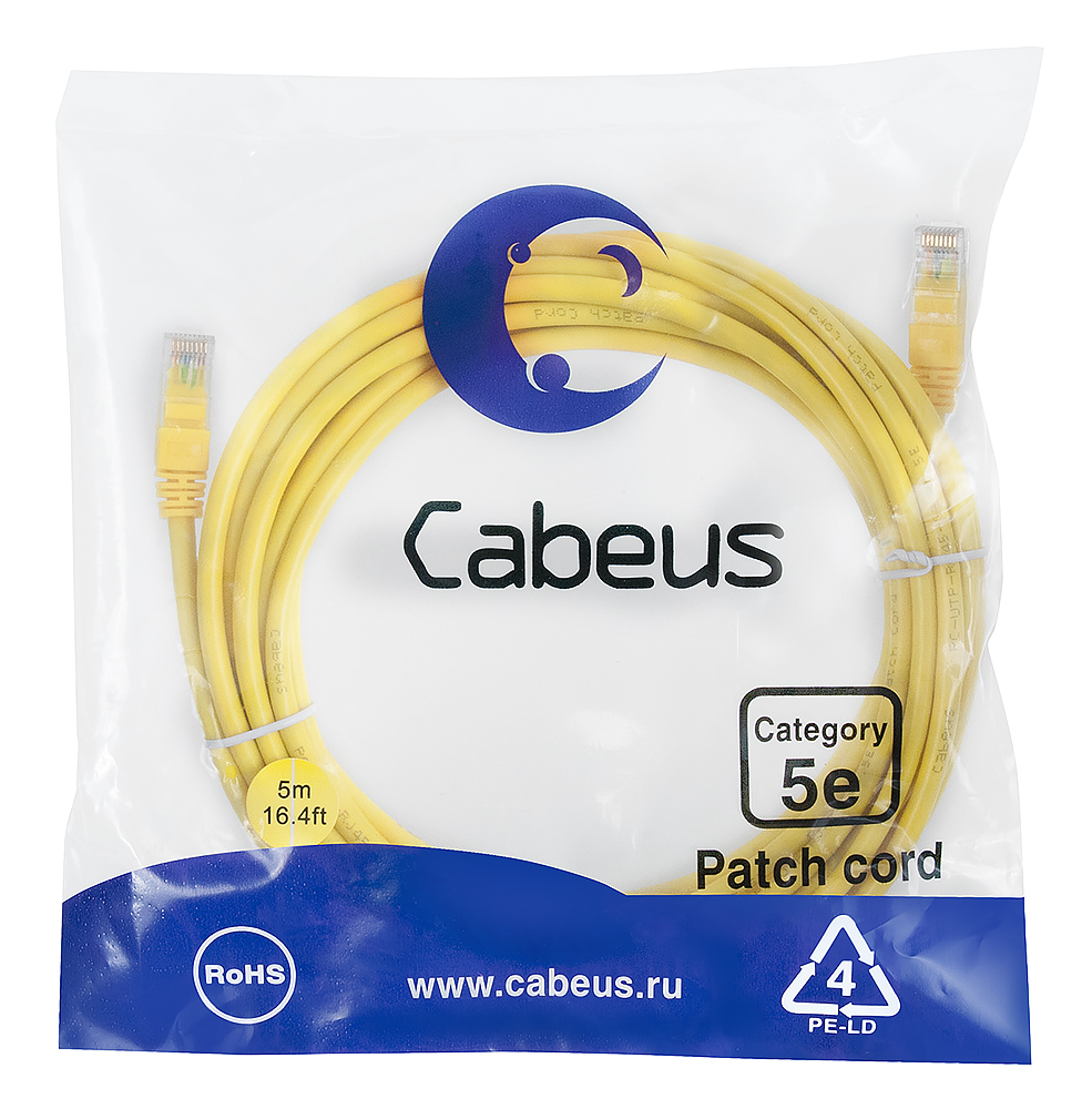 Патч-корд RJ45 UTP 5e Cabeus PC-UTP-RJ45-Cat.5e-5m-YL PVC желтый 5 метров
