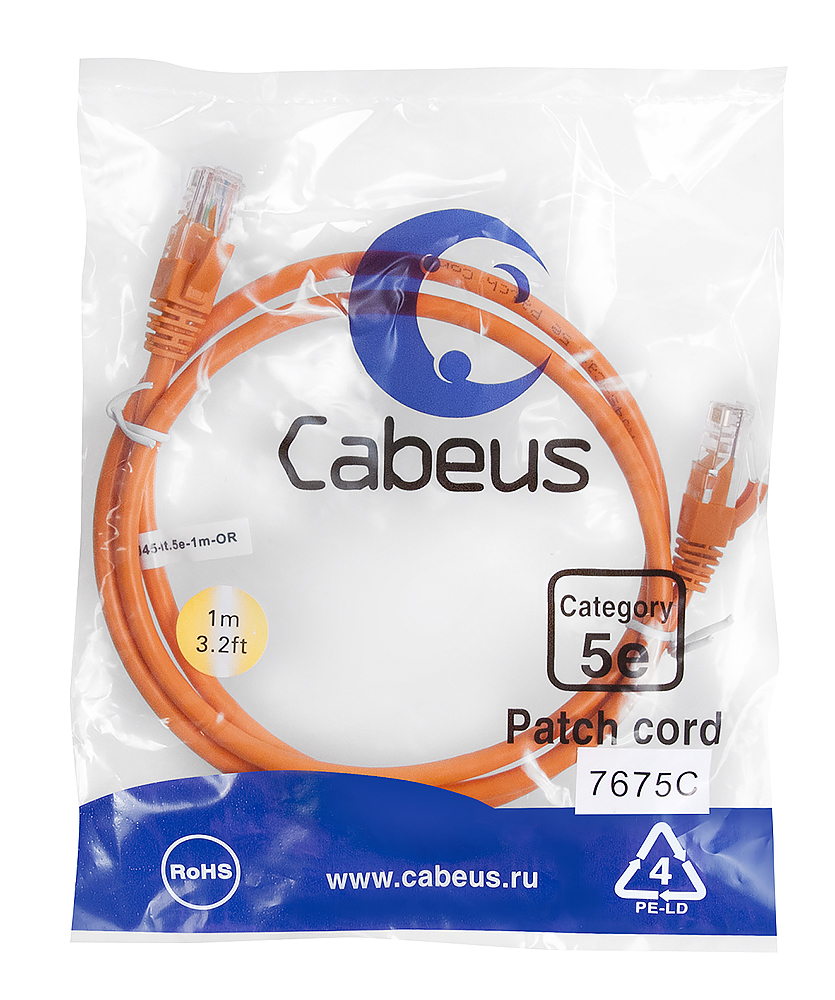 Патч-корд RJ45 UTP 5e Cabeus PC-UTP-RJ45-Cat.5e-1m-OR-LSZH LSZH оранжевый 1 метр — фото