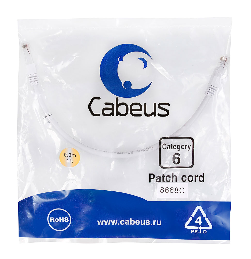 Патч-корд RJ45 UTP 6 Cabeus PC-UTP-RJ45-Cat.6-0.3m-WH PVC белый 0.3 метра