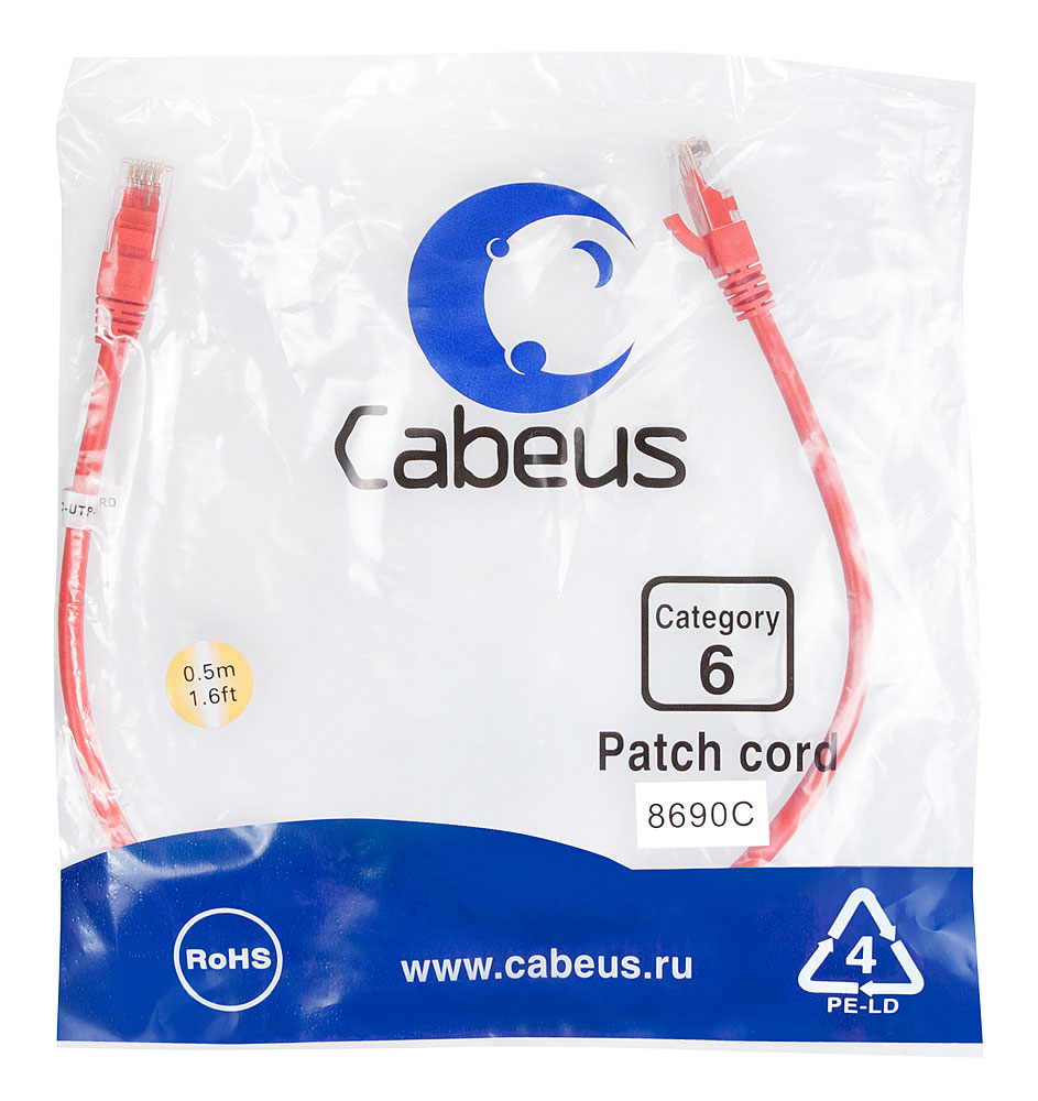 Патч-корд RJ45 UTP 6 Cabeus PC-UTP-RJ45-Cat.6-0.5m-RD PVC красный 0.5 метра