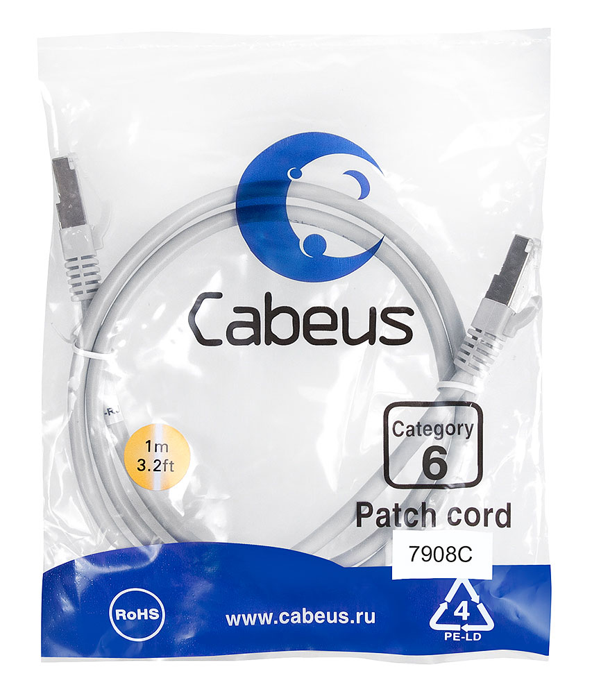 Патч-корд RJ45 F/UTP 6 Cabeus PC-FTP-RJ45-Cat.6-1m-LSZH LSZH серый 1 метр — фото