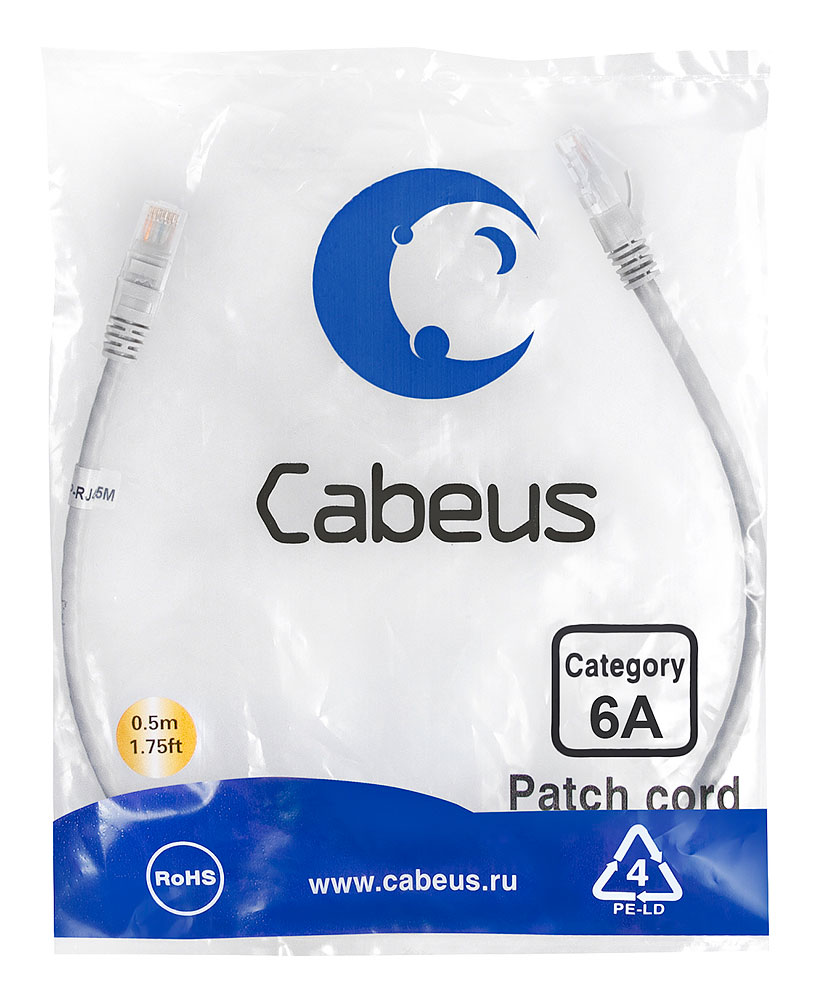Патч-корд RJ45 UTP 6a Cabeus PC-UTP-RJ45-Cat.6a-0.5m-LSZH LSZH серый 0.5 метра