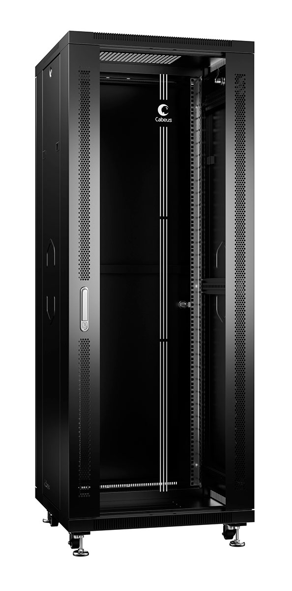 Cabeus SH-05C-32U60/80-BK Шкаф монтажный телекоммуникационный 19" напольный для распределительного и серверного оборудования 32U 600x800x1610mm (ШхГхВ) передняя стеклянная и задняя сплошная металлическая двери, ручка с замком, цвет черный (RAL 9004) — фото