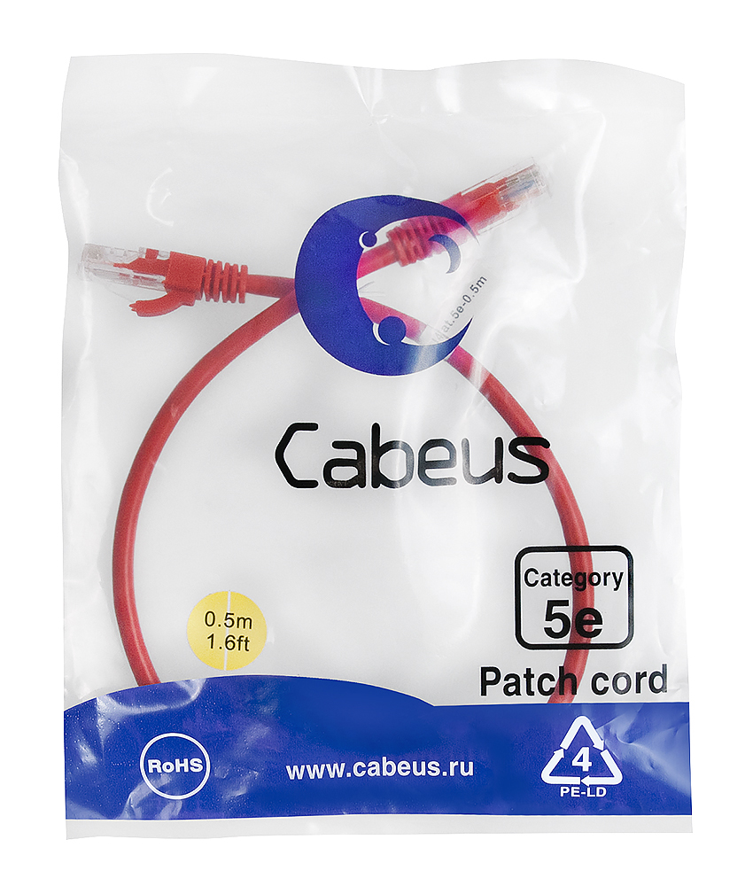 Патч-корд RJ45 UTP 5e Cabeus PC-UTP-RJ45-Cat.5e-0.5m-RD-LSZH LSZH красный 0.5 метра
