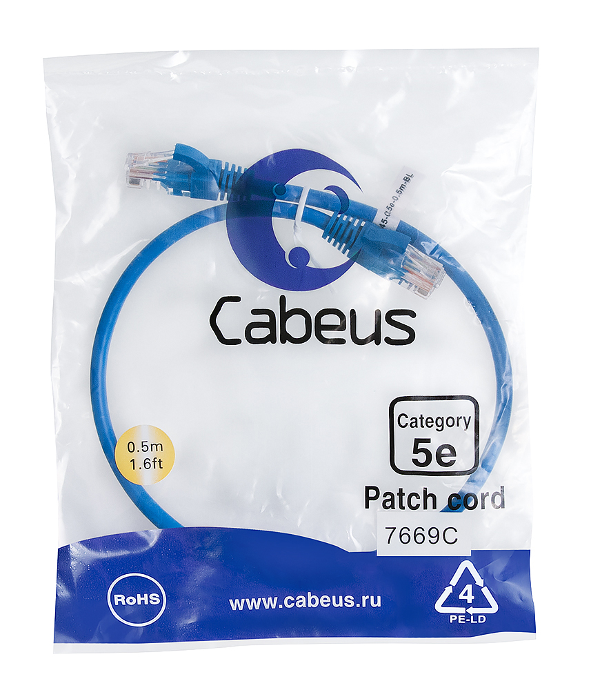 Патч-корд RJ45 UTP 5e Cabeus PC-UTP-RJ45-Cat.5e-0.5m-BL-LSZH LSZH синий 0.5 метра — фото