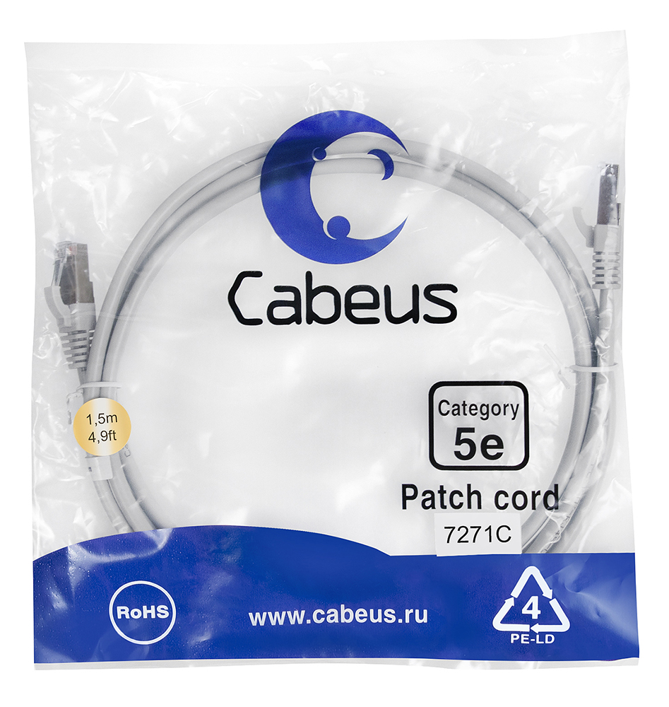 Патч-корд RJ45 F/UTP 5e Cabeus PC-FTP-RJ45-Cat.5e-1.5m PVC серый 1.5 метра — фото