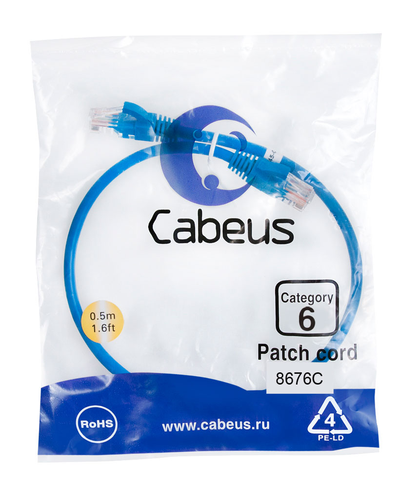 Патч-корд RJ45 UTP 6 Cabeus PC-UTP-RJ45-Cat.6-0.5m-BL PVC синий 0.5 метра