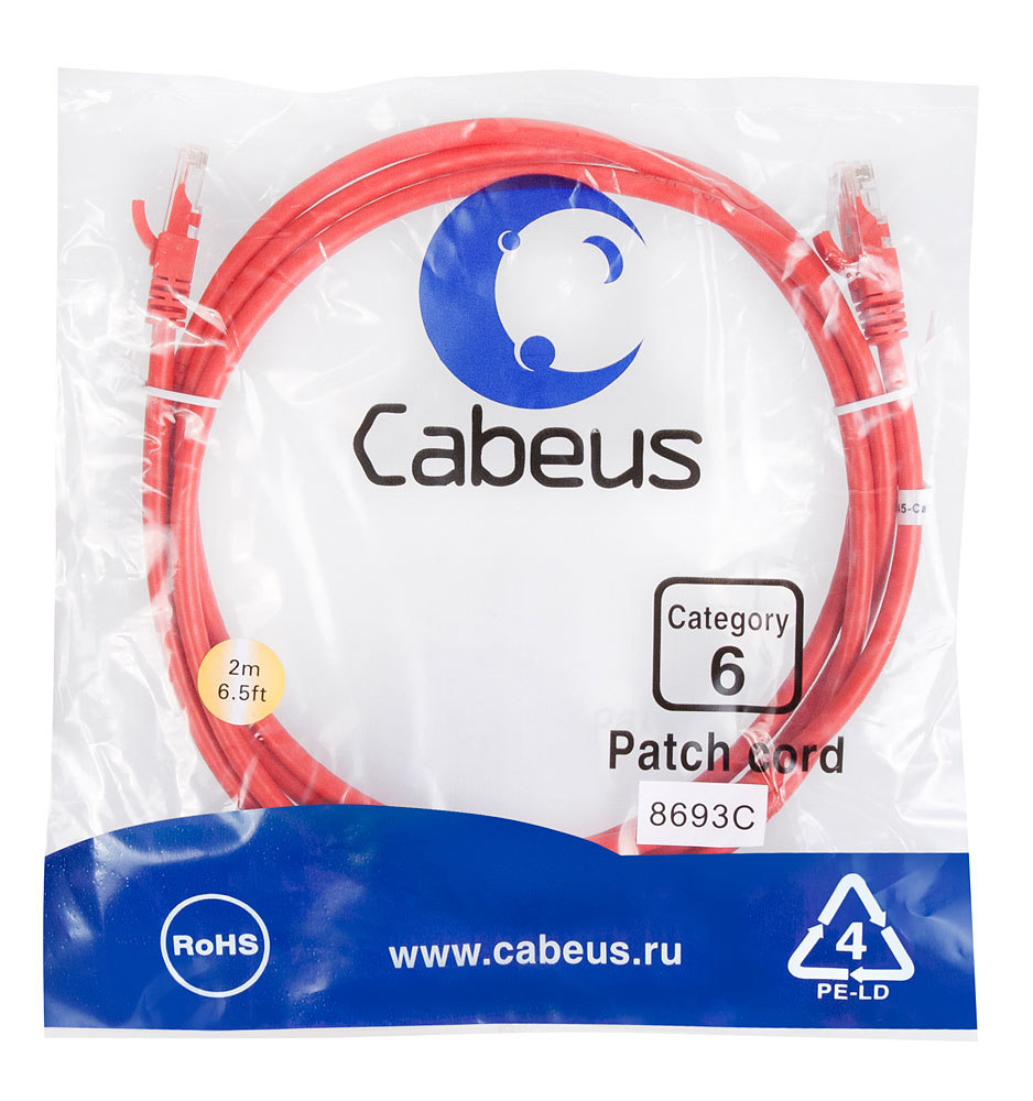 Патч-корд RJ45 UTP 6 Cabeus PC-UTP-RJ45-Cat.6-2m-RD PVC красный 2 метра