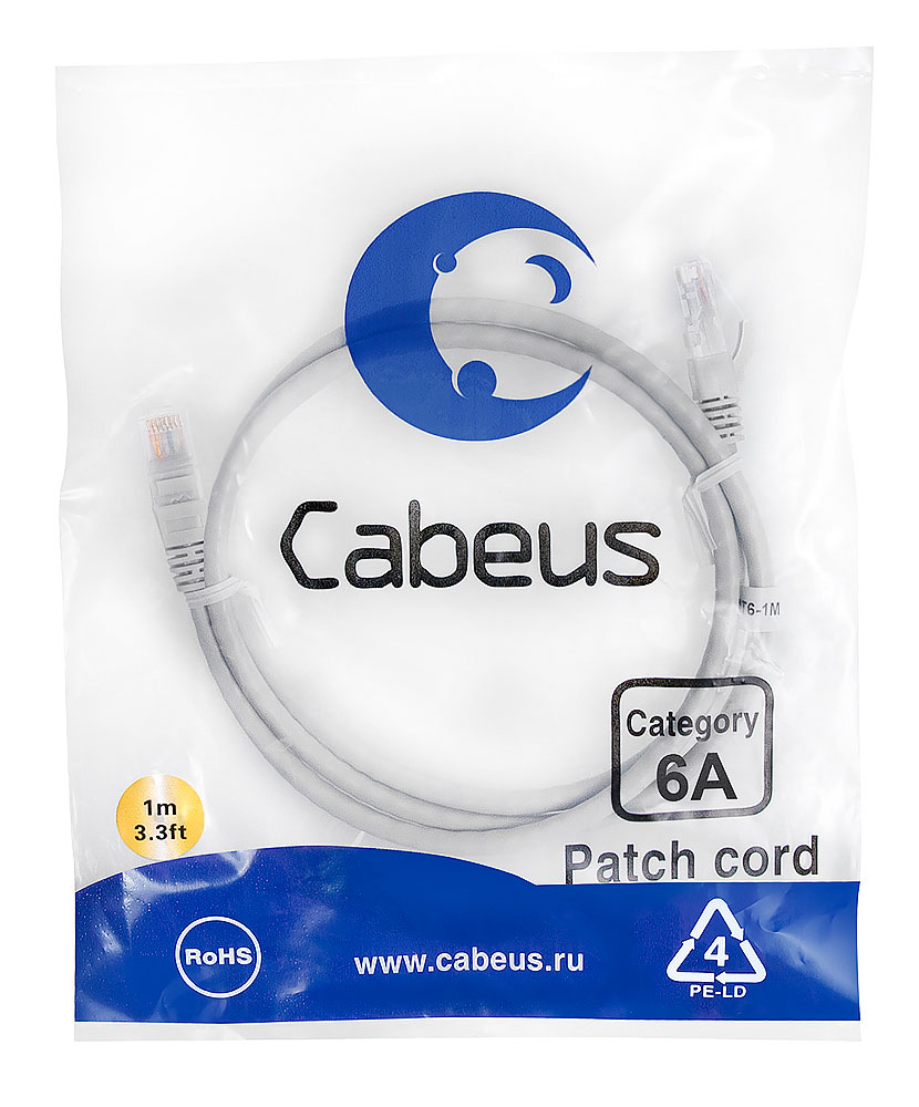 Патч-корд RJ45 UTP 6a Cabeus PC-UTP-RJ45-Cat.6a-1m-LSZH LSZH серый 1 метр