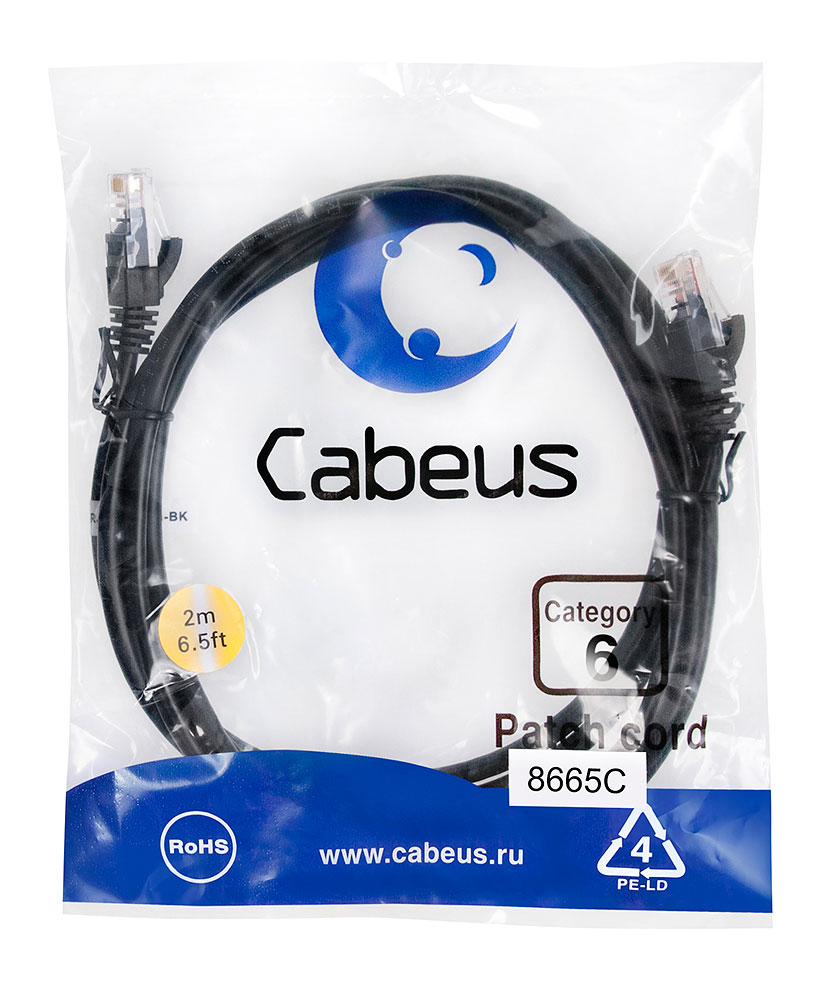 Патч-корд RJ45 UTP 6 Cabeus PC-UTP-RJ45-Cat.6-2m-BK PVC черный 2 метра
