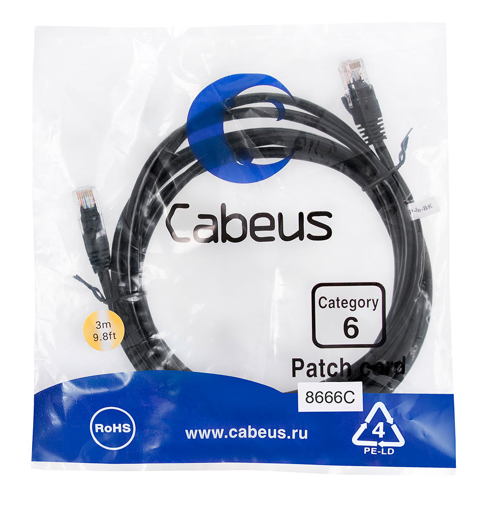 Патч-корд RJ45 UTP 6 Cabeus PC-UTP-RJ45-Cat.6-3m-BK PVC черный 3 метра — фото