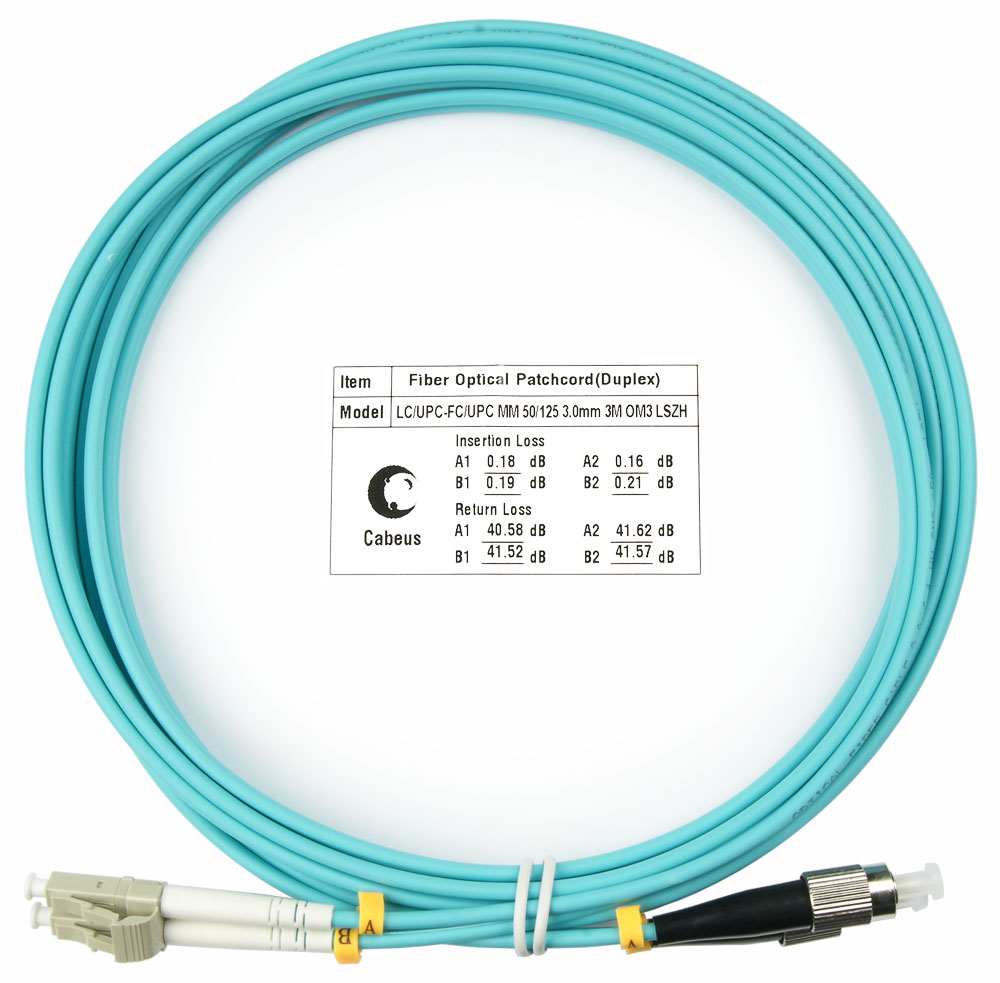 Оптический патч-корд duplex FC-LC 50/125 MM Cabeus FOP-50-LC-FC-3m 3 метра бирюзовый LSZH