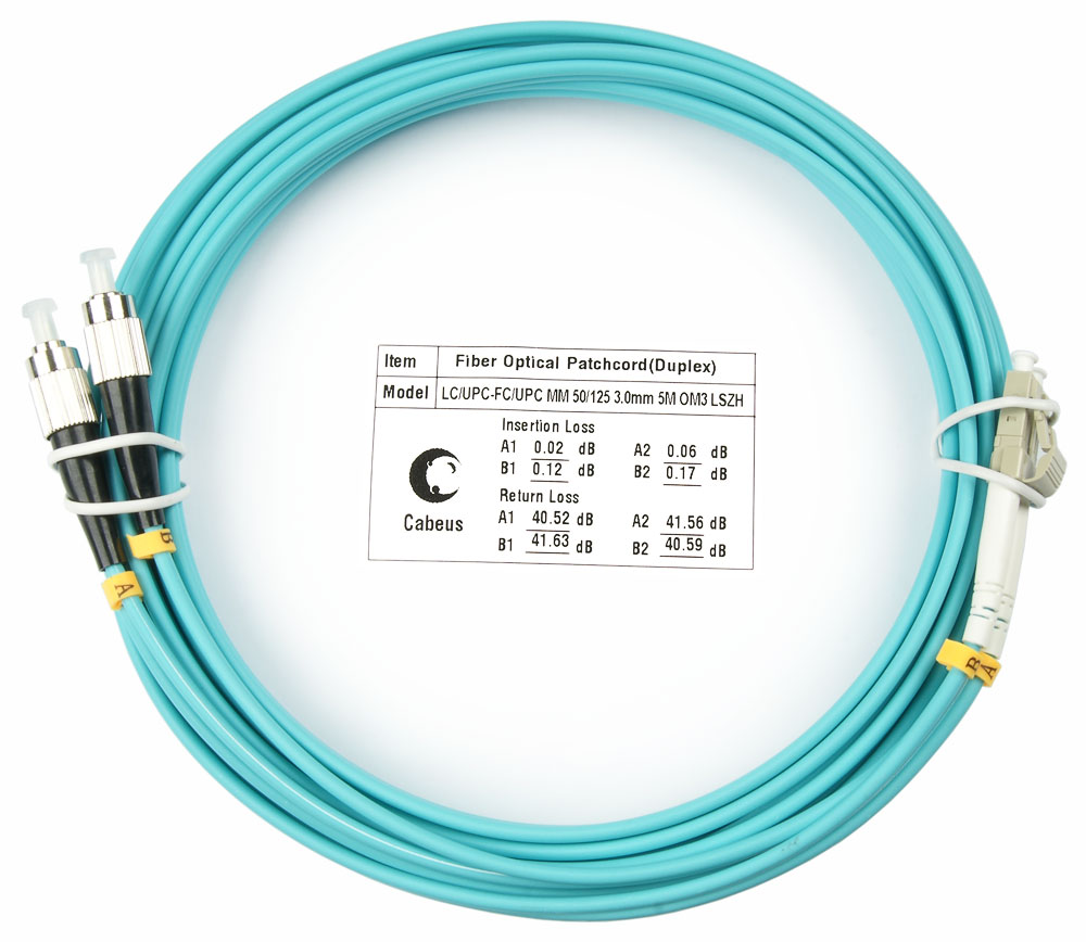 Оптический патч-корд duplex FC-LC 50/125 MM Cabeus FOP-50-LC-FC-20m 20 метров бирюзовый LSZH