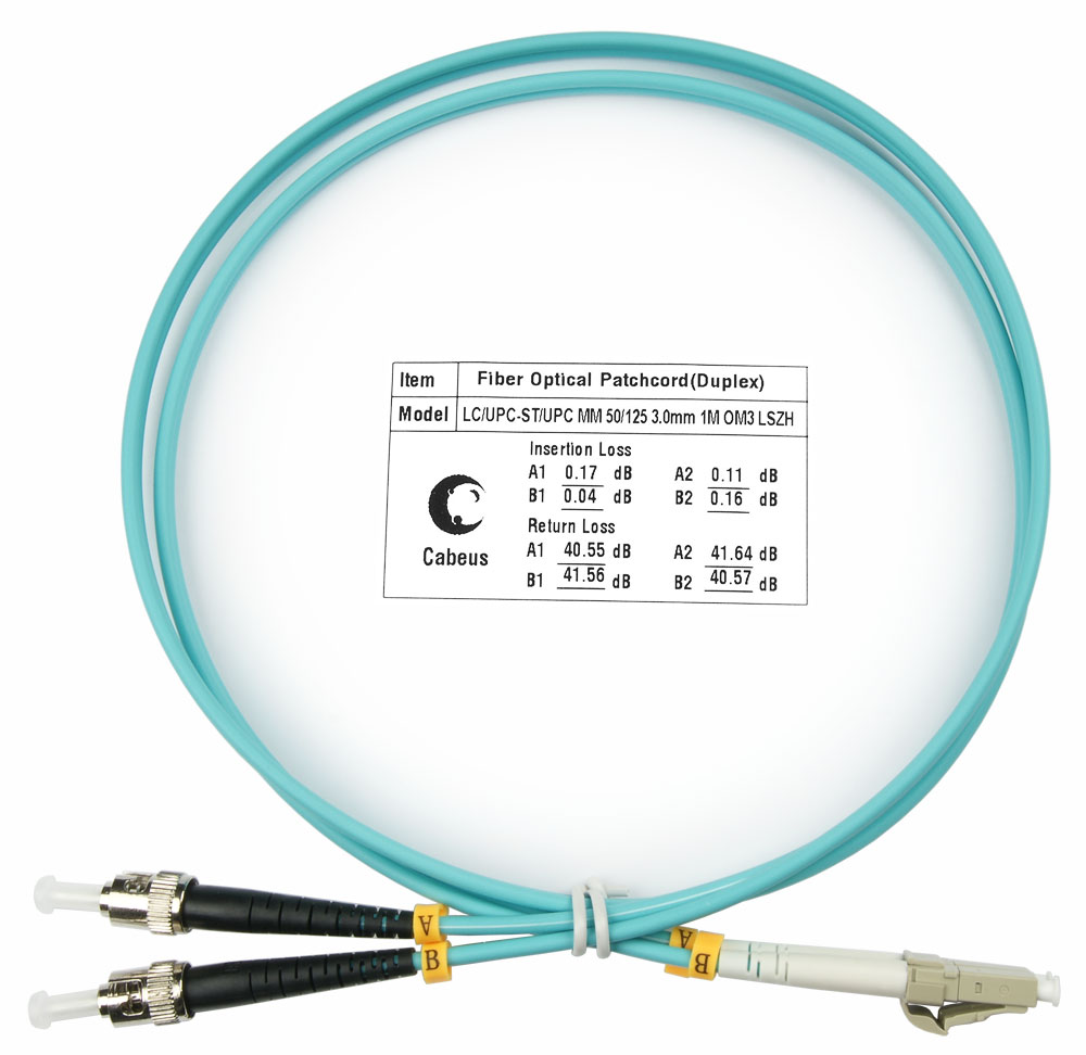 Оптический патч-корд duplex LC-ST 50/125 MM Cabeus FOP-50-LC-ST-1m 1 метр бирюзовый LSZH