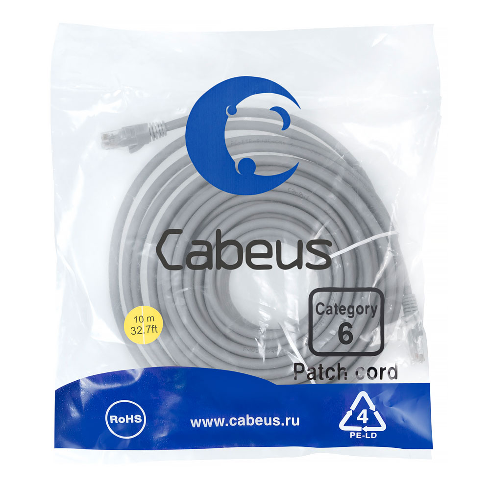 Патч-корд RJ45 UTP 6 Cabeus PC-UTP-RJ45-Cat.6-10m PVC серый 10 метров