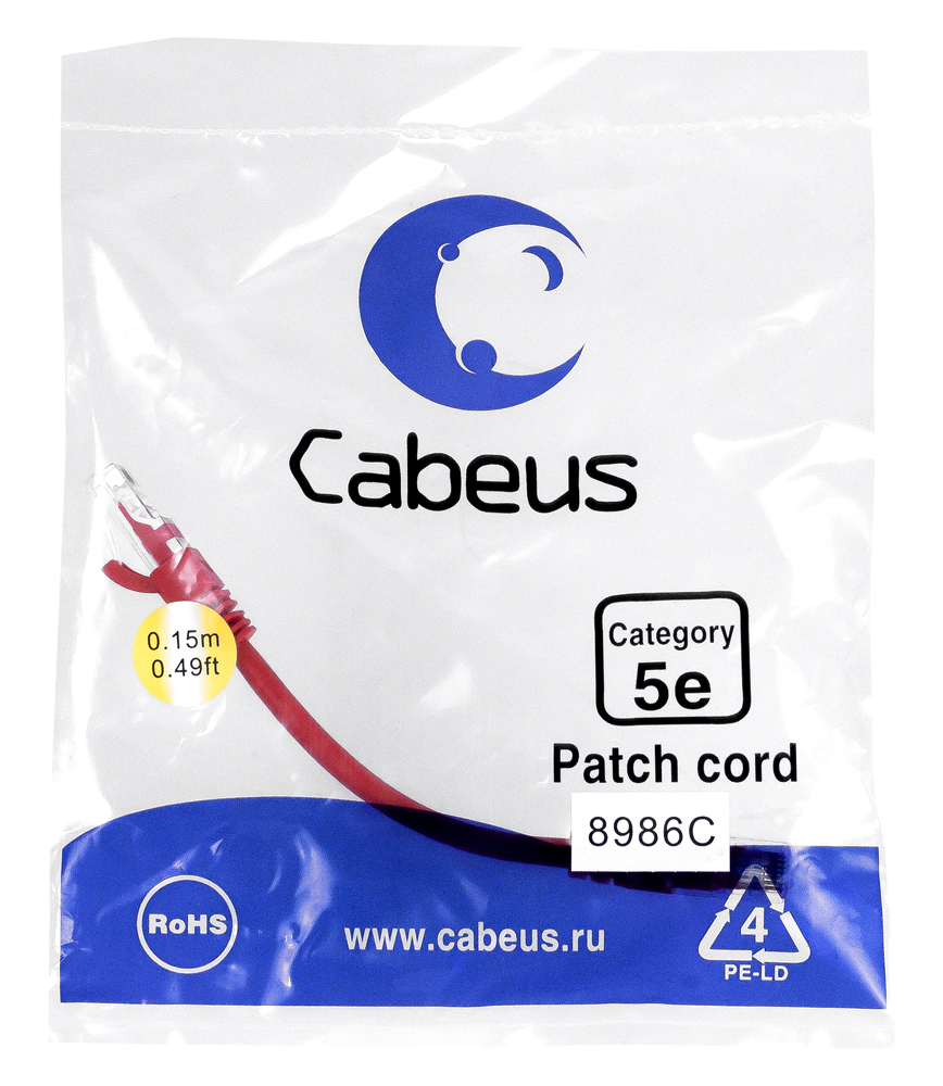 Патч-корд RJ45 UTP 5e Cabeus PC-UTP-RJ45-Cat.5e-0.15m-RD PVC красный 0.15 метра — фото