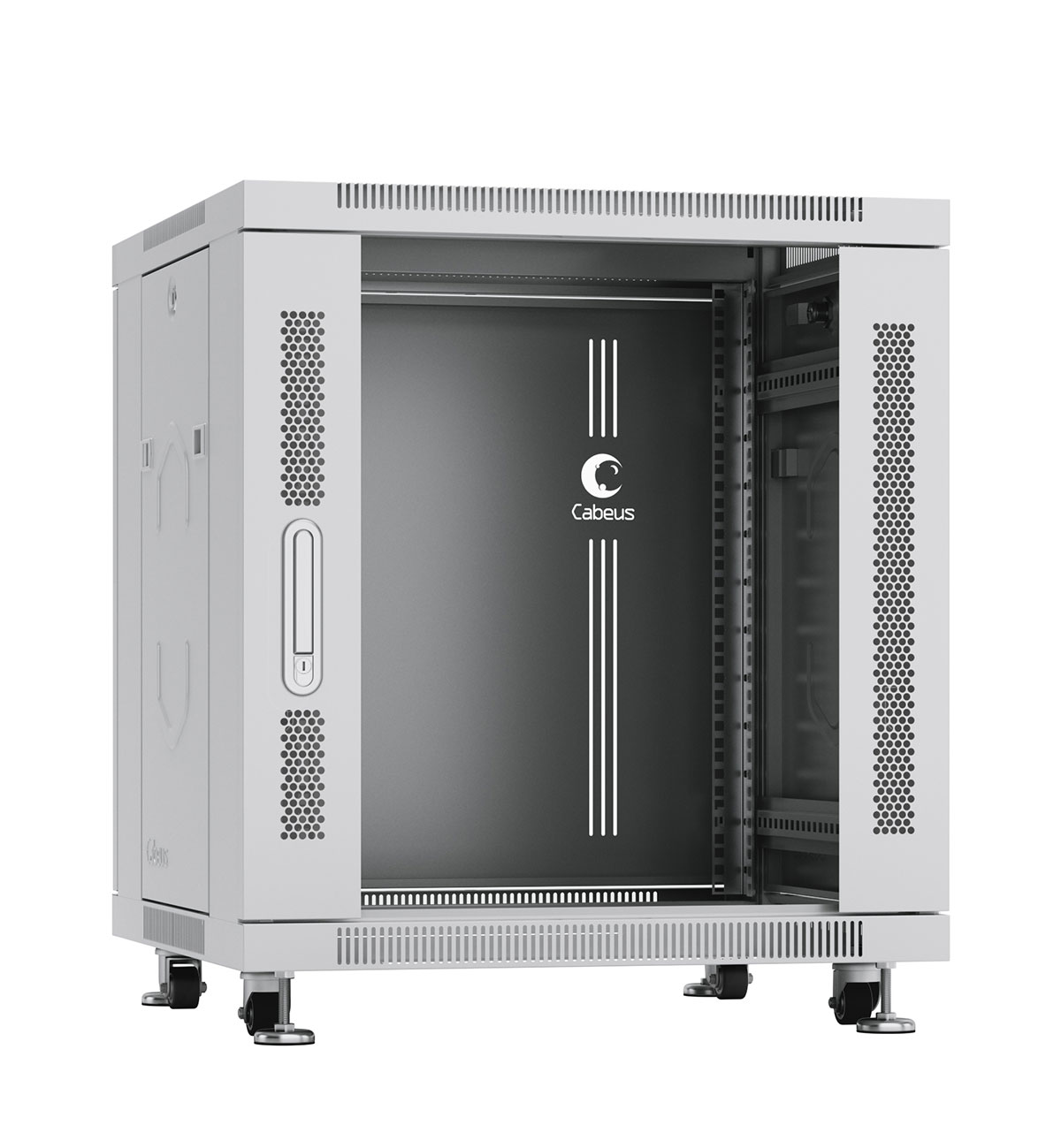 Cabeus SH-05C-12U60/60 Шкаф монтажный телекоммуникационный 19" напольный для распределительного и серверного оборудования 12U 600x600x730mm (ШхГхВ) передняя стеклянная и задняя сплошная металлическая двери, ручка с замком, цвет серый (RAL 7035) — фото