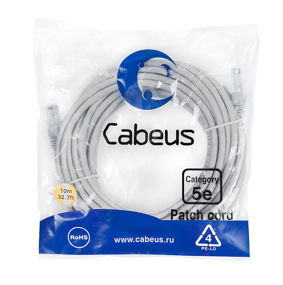 Патч-корд RJ45 UTP 5e Cabeus PC-UTP-RJ45-CAT.5E-10M-LSZH LSZH серый 10 метров