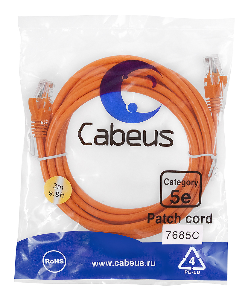 Патч-корд RJ45 UTP 5e Cabeus PC-UTP-RJ45-Cat.5e-3m-OR PVC оранжевый 3 метра — фото