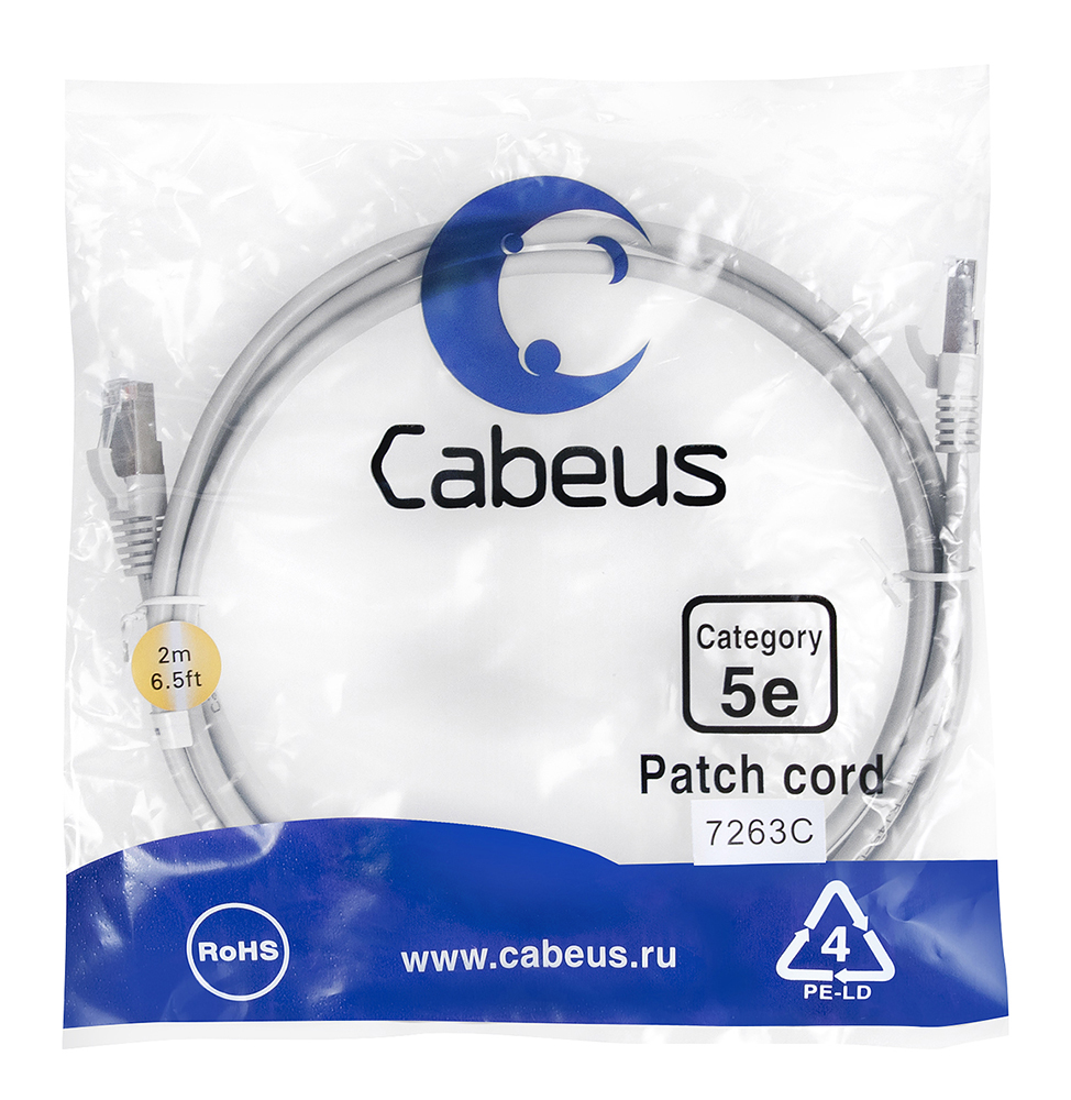 Патч-корд RJ45 F/UTP 5e Cabeus PC-FTP-RJ45-Cat.5e-2m PVC серый 2 метра — фото