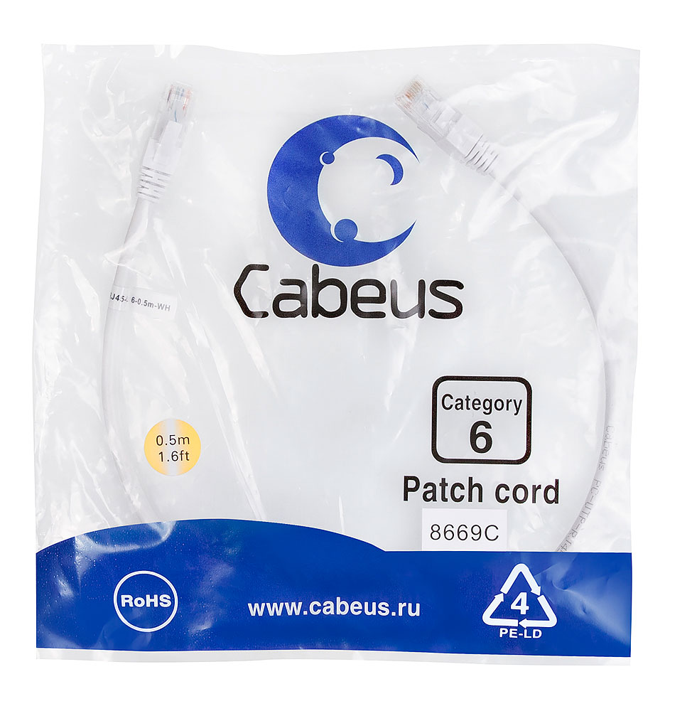 Патч-корд RJ45 UTP 6 Cabeus PC-UTP-RJ45-Cat.6-0.5m-WH PVC белый 0.5 метра